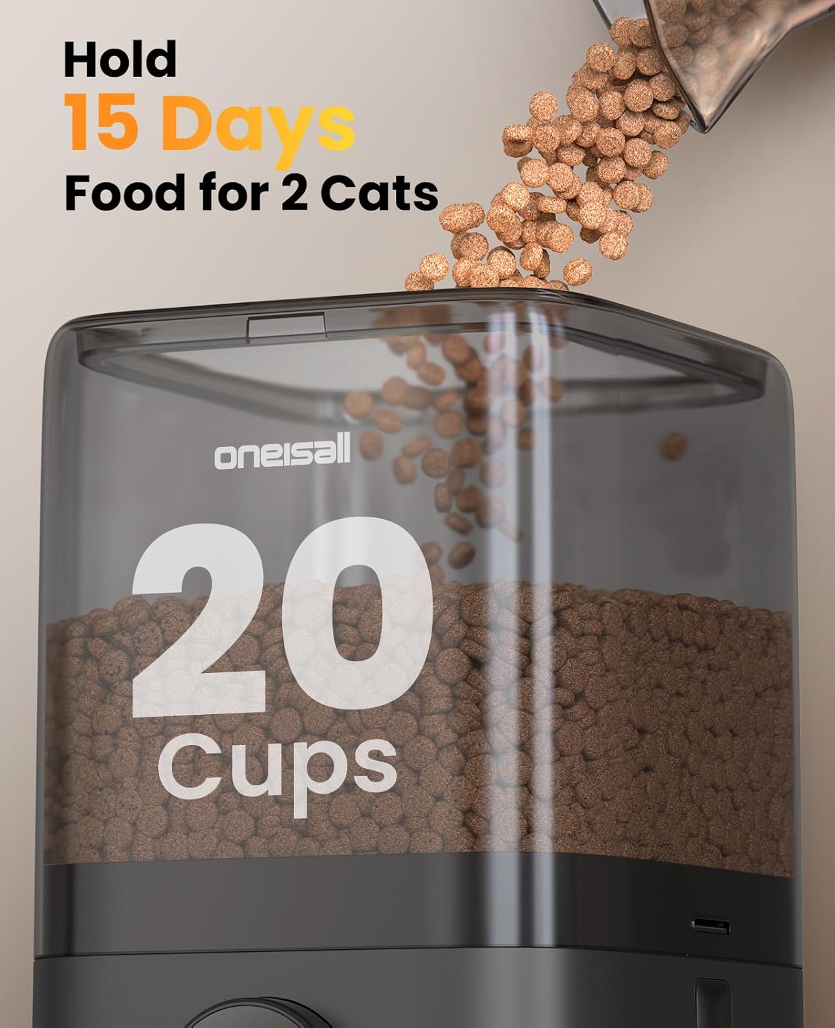 oneisall Cordless 2.4Ghz WiFi Automatic Cat Feeder for 2 Cats, Rechargeable 100-Day Battery Operated Auto Cat Feeder, 20 Cups/5L Timed Cats Food Dispenser Automatic for Large Kibble, Smart App Control - Image 7