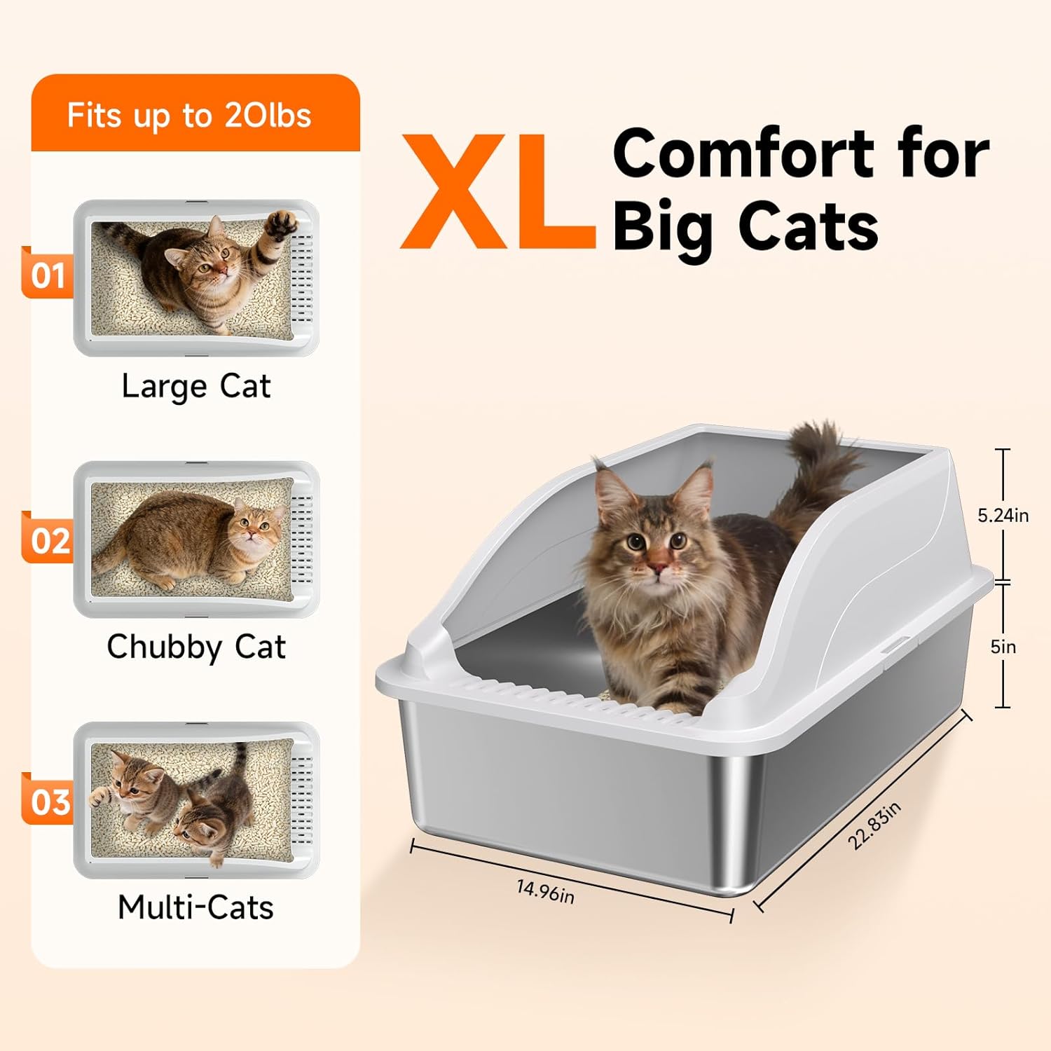 Stainless Steel Cat Litter Box, Extra Large XL Odor Free Metal Litter Box with High Sides Lid, Open Top Litter Pan Include Scoop Easy Cleaning Kitty Cat Box Anti-Urine Leakage, Non-Sticky - Image 2