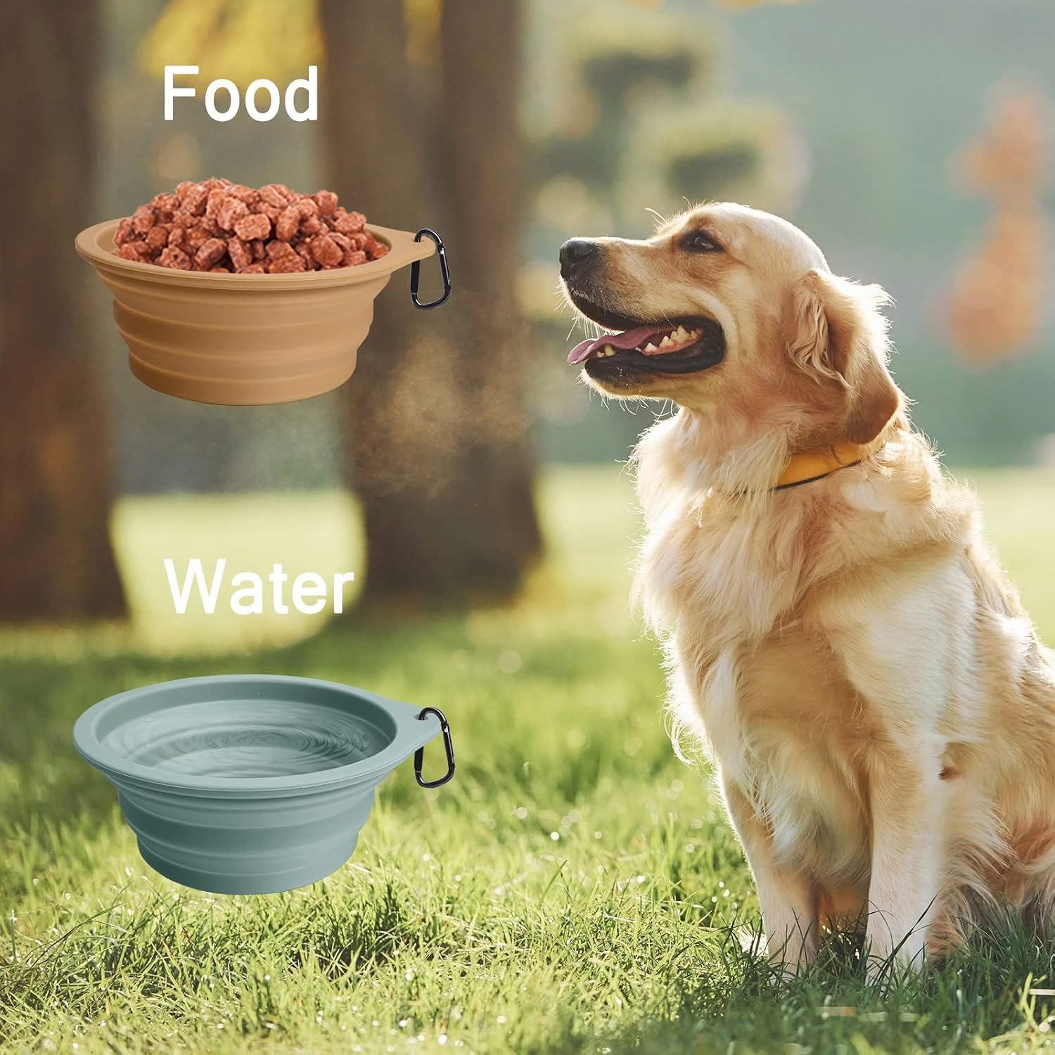 PetBonus 2-Pack Large Silicone Collapsible Dog Bowls, 34oz/1000ml BPA Free Portable Foldable Travel Bowl for Pet Cat, Food Water Feeding Dish for Camping with 2 Carabiners (Turquoise, Tan) - Image 4