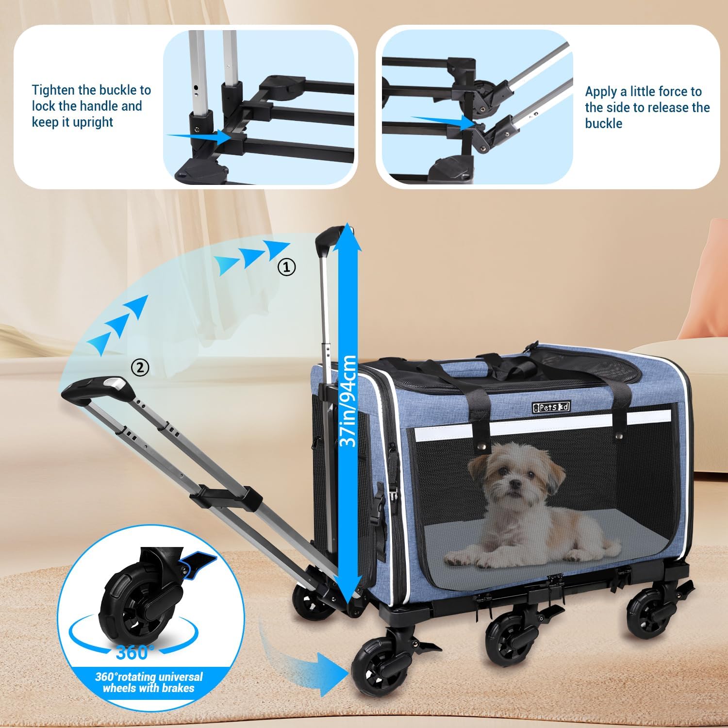Petskd Extra Large Pet Carrier with Wheels for Large Cat or Medium Dog, 24" X 17" X 15" Soft-Sided Rolling Dog Cat Carrier for Indoor and Outdoor Uses, Support up to 40 Lbs, Blue - Image 3