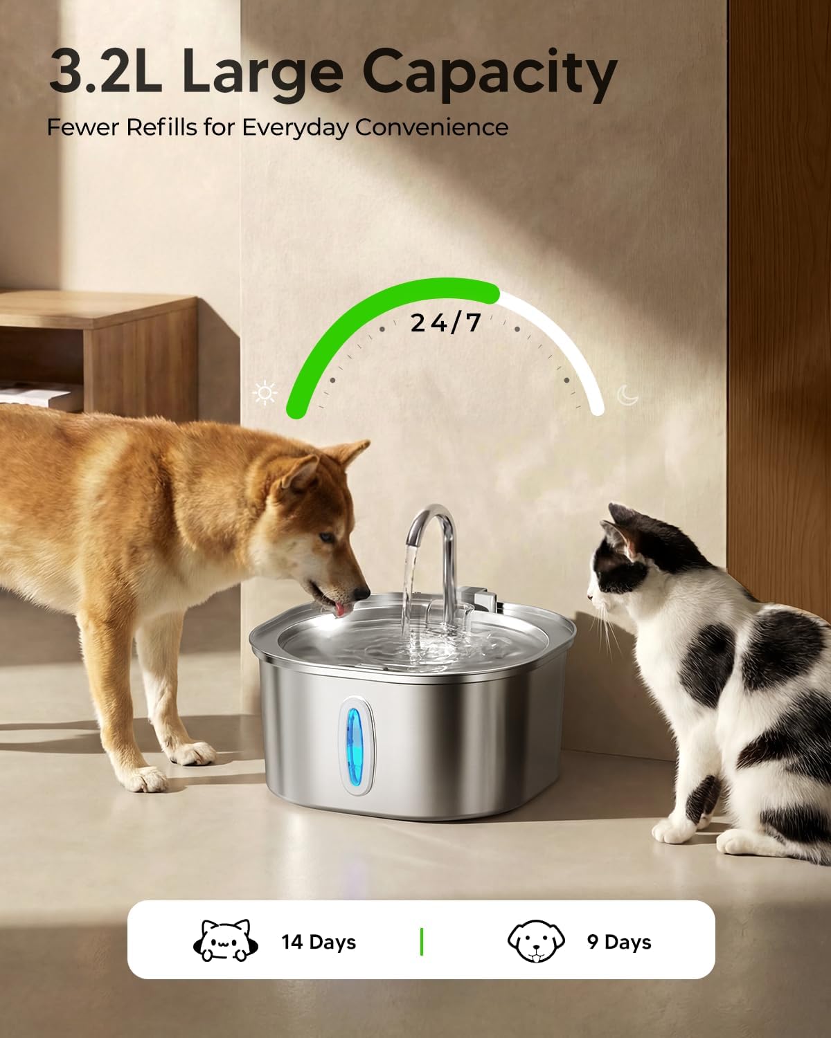 PEKTACO Stainless Steel Cat Water Fountain, 3.2L/108oz Cat Water Dispenser with Quiet Water Pump, Dishwasher Safe Pet Drinking Fountain for Cats - Image 3
