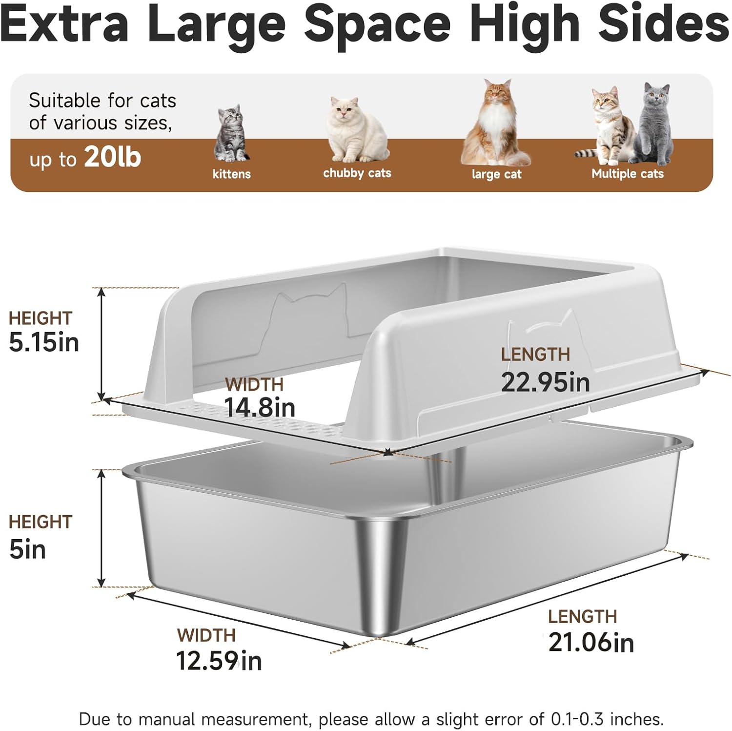 Stainless Steel XL Cat Litter Box for Cats, High-Sided Design Prevents Urine Leakage, Non-Stick, Easy to Clean, Includes Scoop, Gray - Image 9
