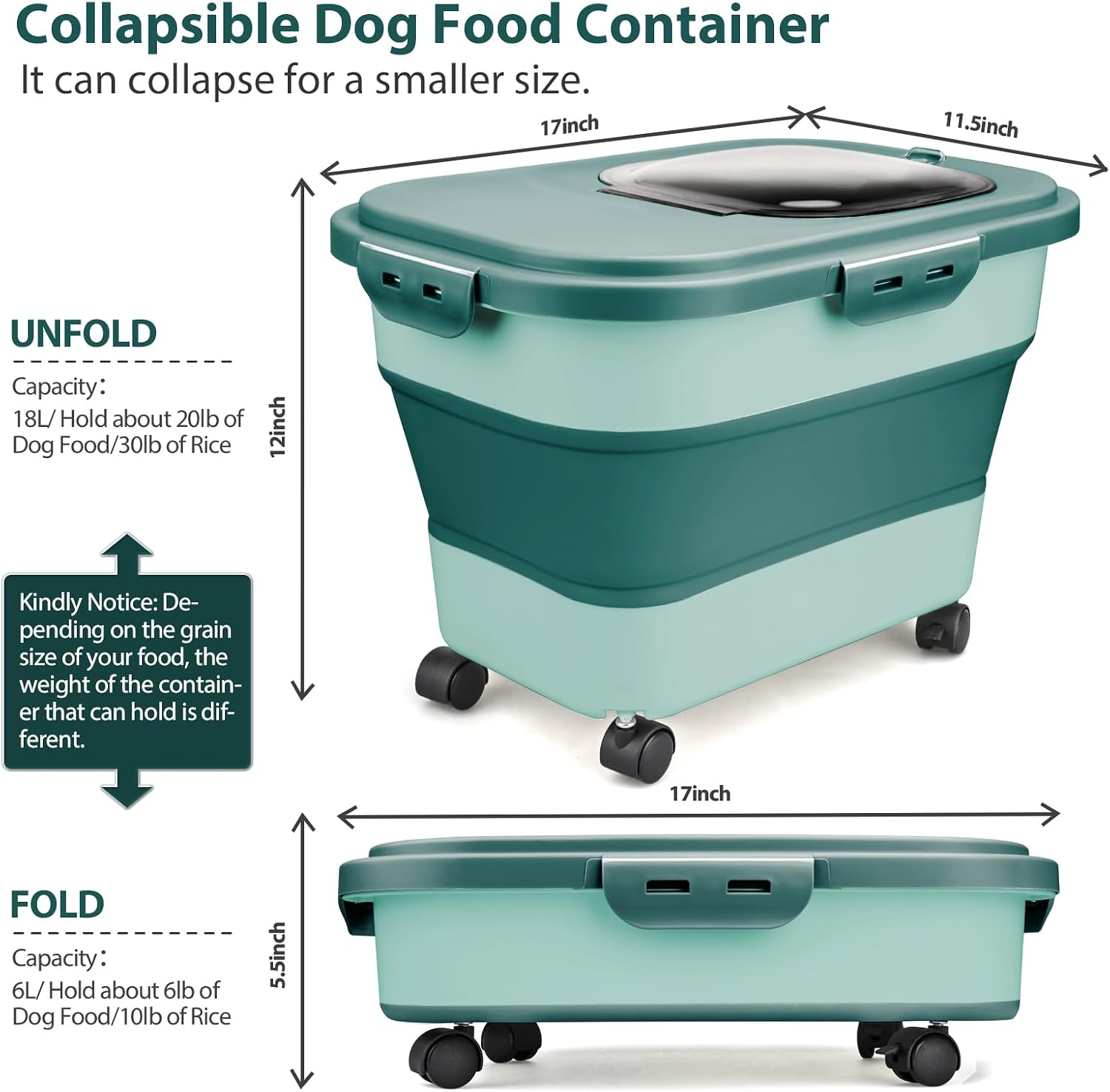 Viretec Dog Food Storage Container, 10-20Lbs Collapsible Pet Food Storage Containers with Rolling Wheel Airtight Locking Lid, Dry Food Storage Bin with Cup and Scoop,Suitable for Pet Food, Flour, Rice - Image 2