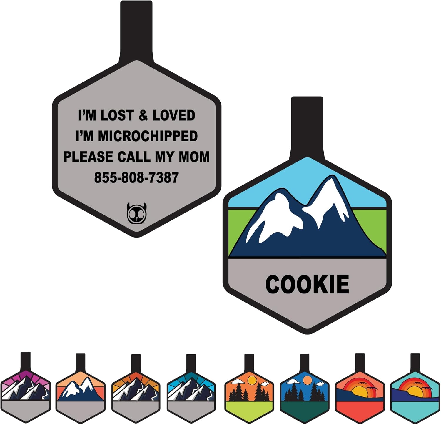 Silent Dog Tag Personalized with 5 Lines of Custom Deep Engraved Durable Soundless Silicone Pet ID Name Tag Hexagon Snow Mountain Boy