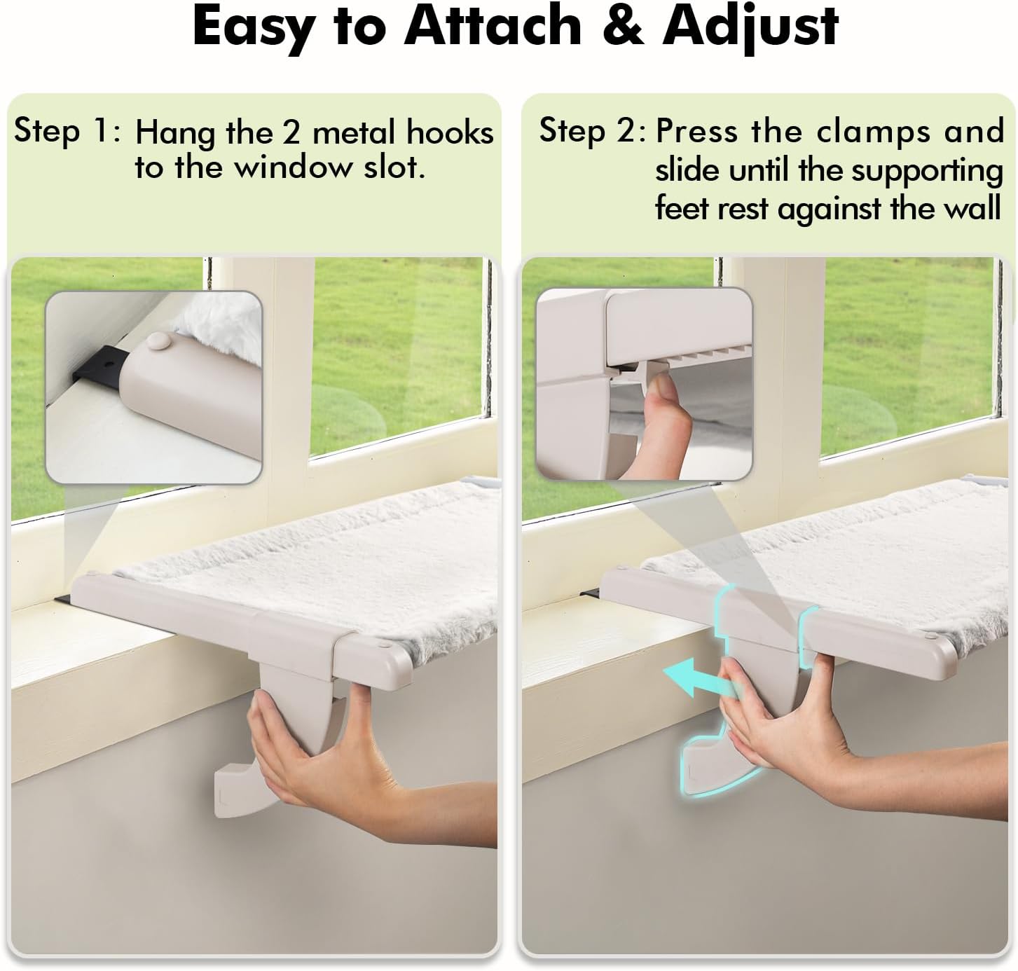 Zoratoo Window Sill Mount Cat Perch for Indoor Cats, One-Step Sliding Clamping Slot Adjustment Cat Hammock with Washable Cover, No Suction Cups Pet Bed for Windowsill & Bedside (Large) - Image 3