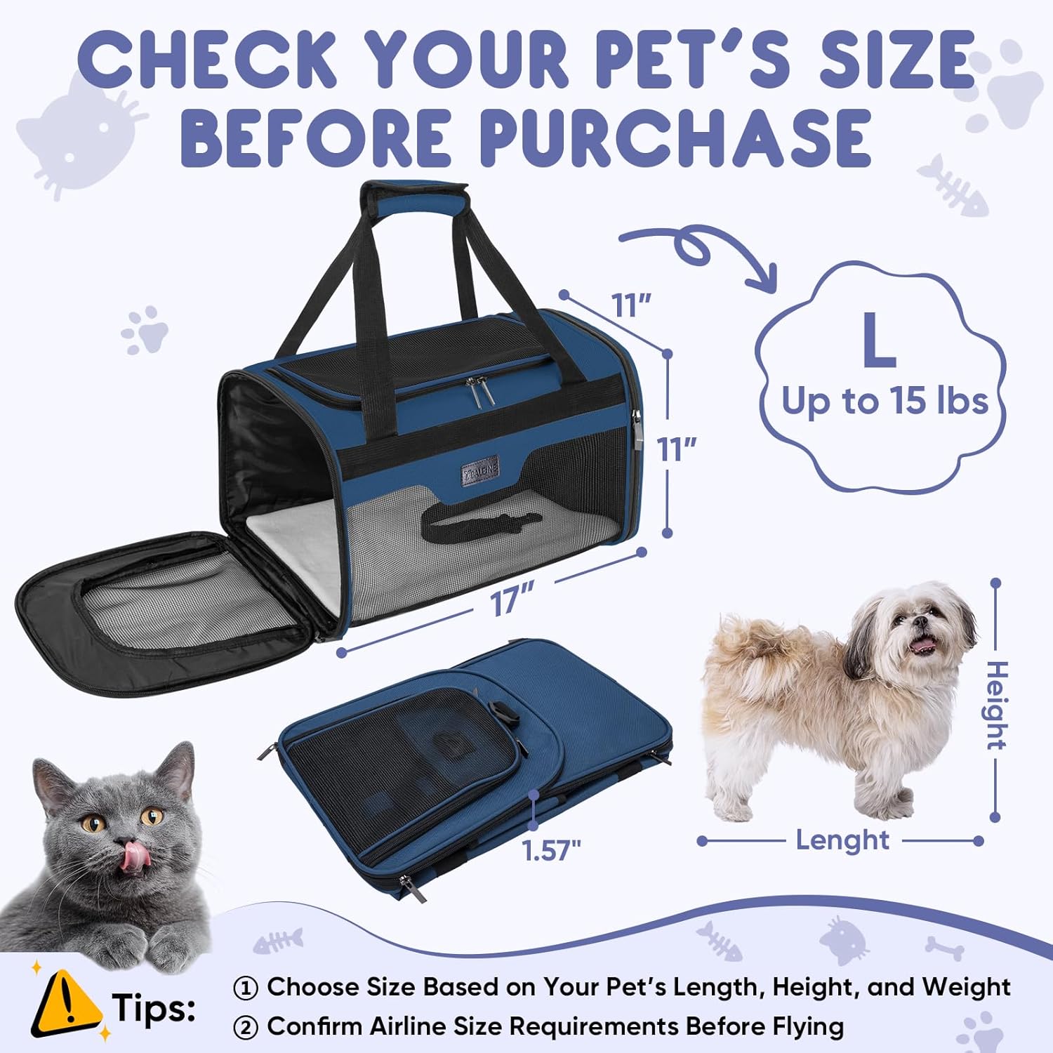 BALEINE Cat Carrier, Puppy Dog Carrier for Small Medium Pets Up to 15 Lbs, Soft-Sided Dog Travel Bag with Safety Zippers, Collapsible Pet Carrying Case (Blue, L, 17"x11"x11") - Image 4