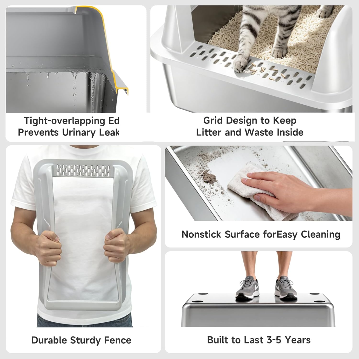 Stainless Steel XL Cat Litter Box for Cats, High-Sided Design Prevents Urine Leakage, Non-Stick, Easy to Clean, Includes Scoop, Gray - Image 5