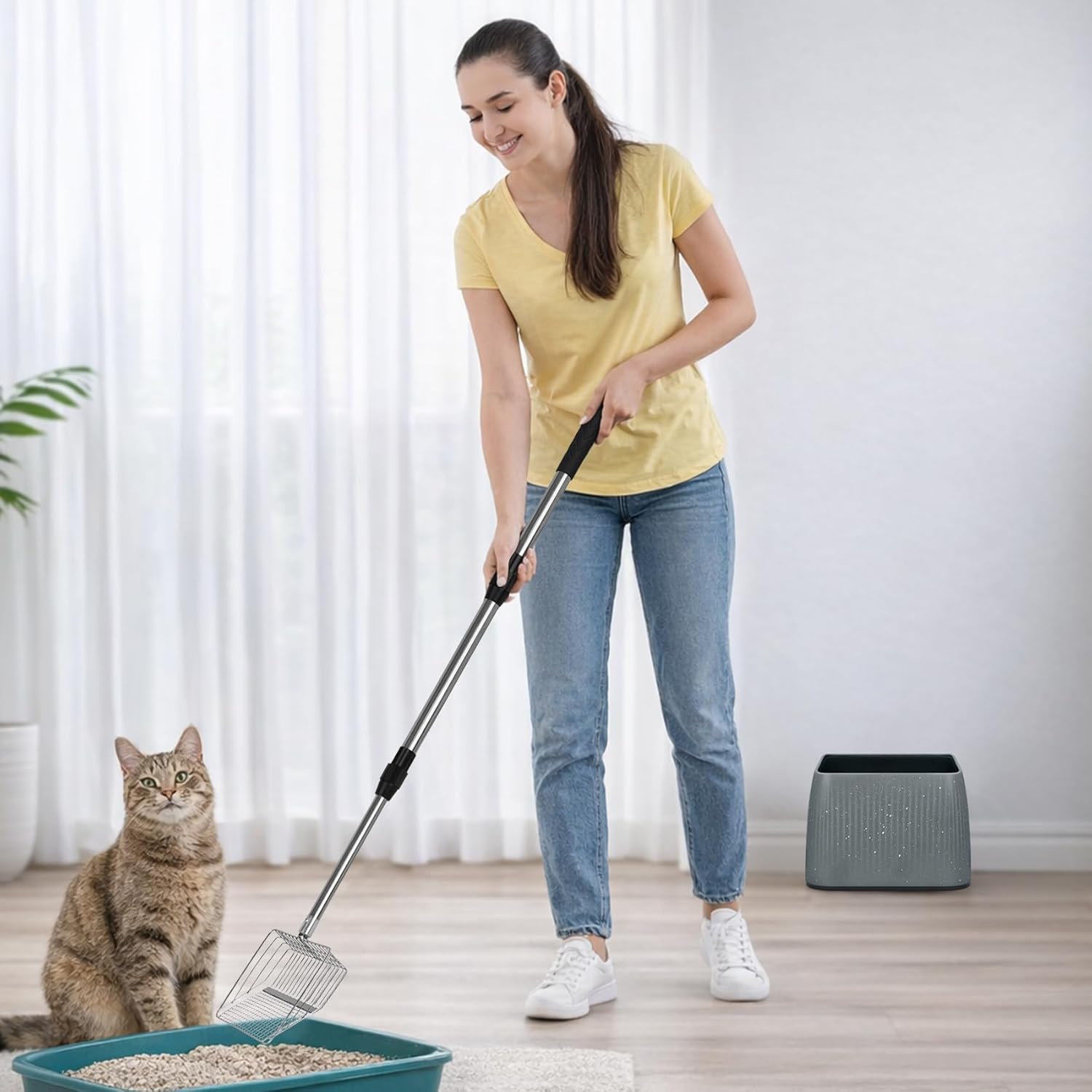 XBX Long Handle Cat Litter Scoop with Holder, Adjustable Extendable Metal Litter Scooper, Stainless Steel Shovel Sifter for Litter Box Cleaning, Durable Cat Pooper Scooper for Home Use - Image 2