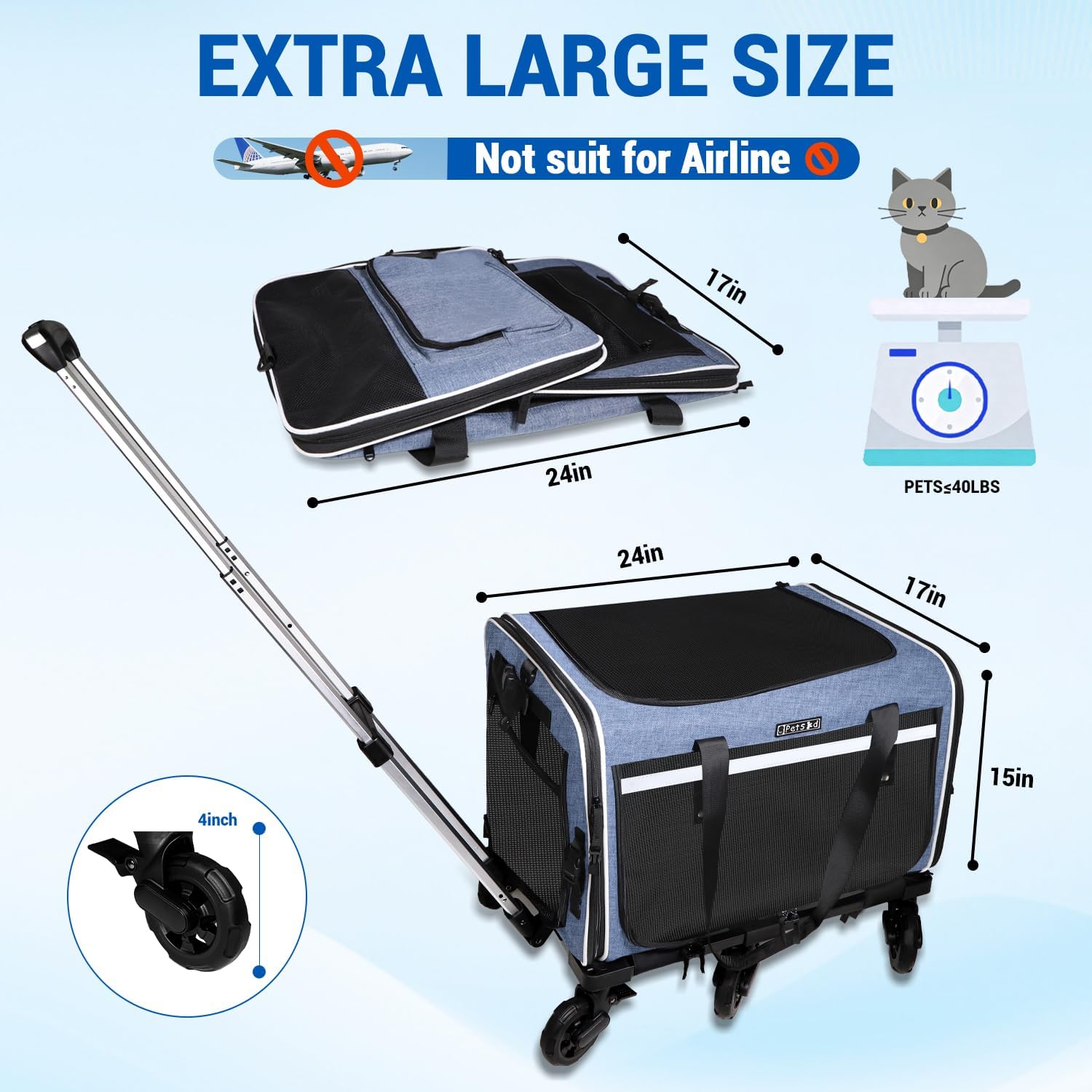 Petskd Extra Large Pet Carrier with Wheels for Large Cat or Medium Dog, 24" X 17" X 15" Soft-Sided Rolling Dog Cat Carrier for Indoor and Outdoor Uses, Support up to 40 Lbs, Blue - Image 2