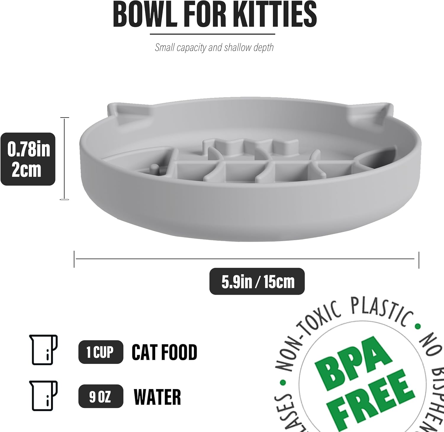 Silicone Cat Slow Feeder Bowl with Suction Cups - Interactive Puzzle Toy to Reduce Overeating in Kitty(Gray, 1 Cup) - Image 2