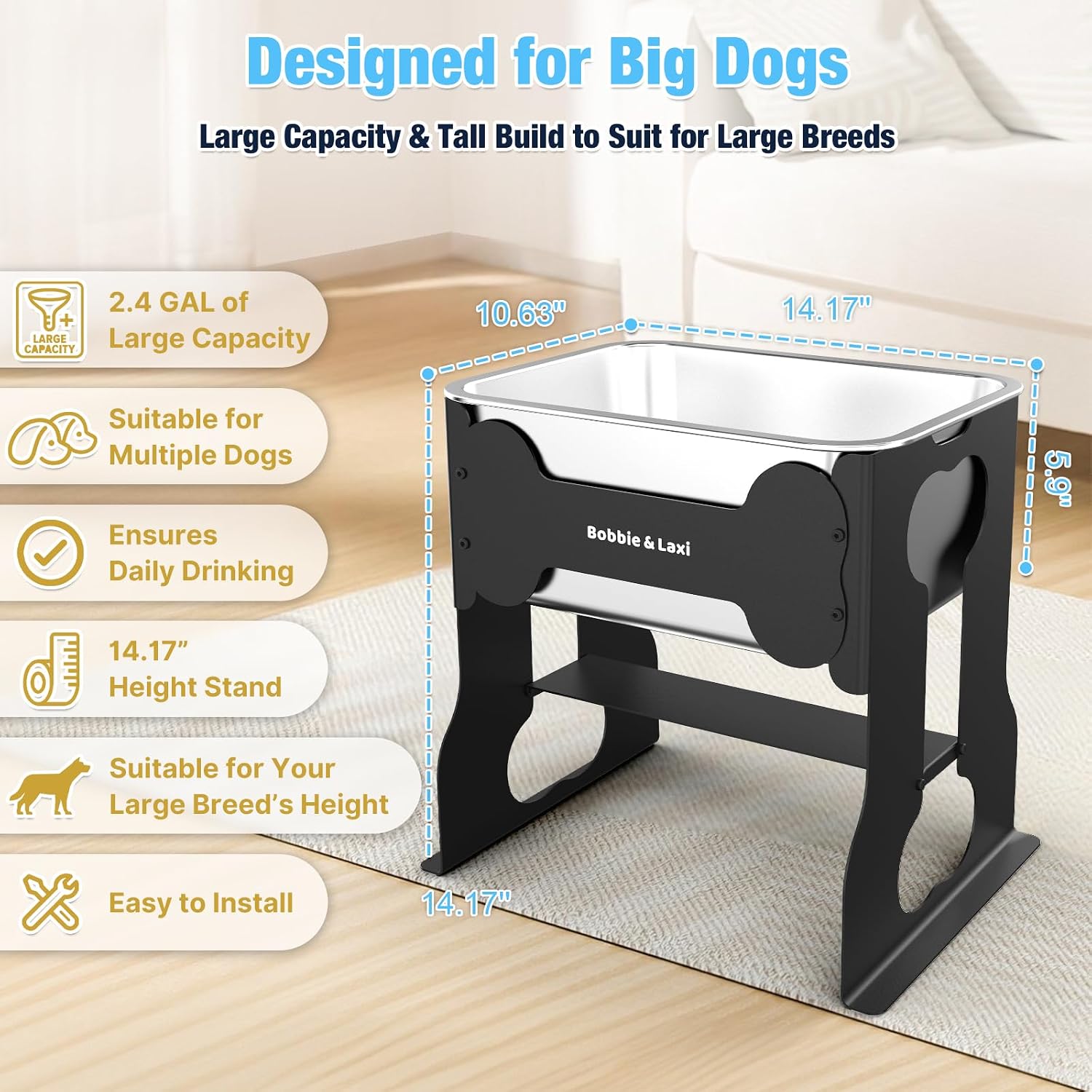 2.4 Gallon Elevated Large Dog Water Bowl,14" Raised Stainless Steel Bowl with Stand for Large Breed, Full Metal Dog Feeding Station for Relief Joint Pressure, Easy Clean for Indoor & Outdoor Uses - Image 3