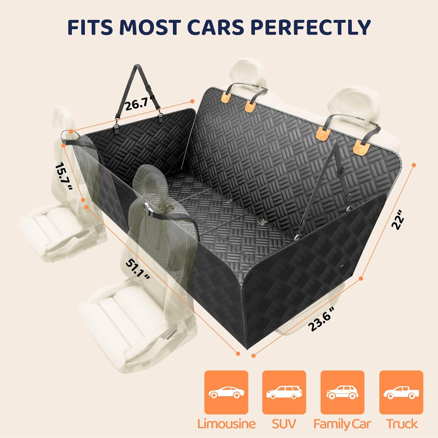 PROZAR Dog Car Seat Cover for Back Seat, Hard Bottom Back Seat Extender, Back Seat Pet Cover for Dogs - Supports 400lbs, Waterproof Heavy Duty Scratch Dog Hammock for Compact Cars/SUVs, 51in - Image 6