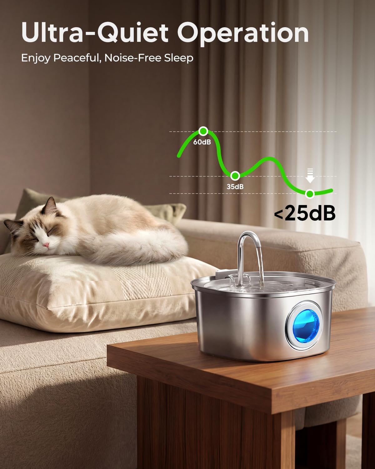 PEKTACO Stainless Steel Cat Water Fountain, 3.2L/108oz Cat Water Dispenser with Quiet Water Pump, Dishwasher Safe Pet Drinking Fountain for Cats - Image 6