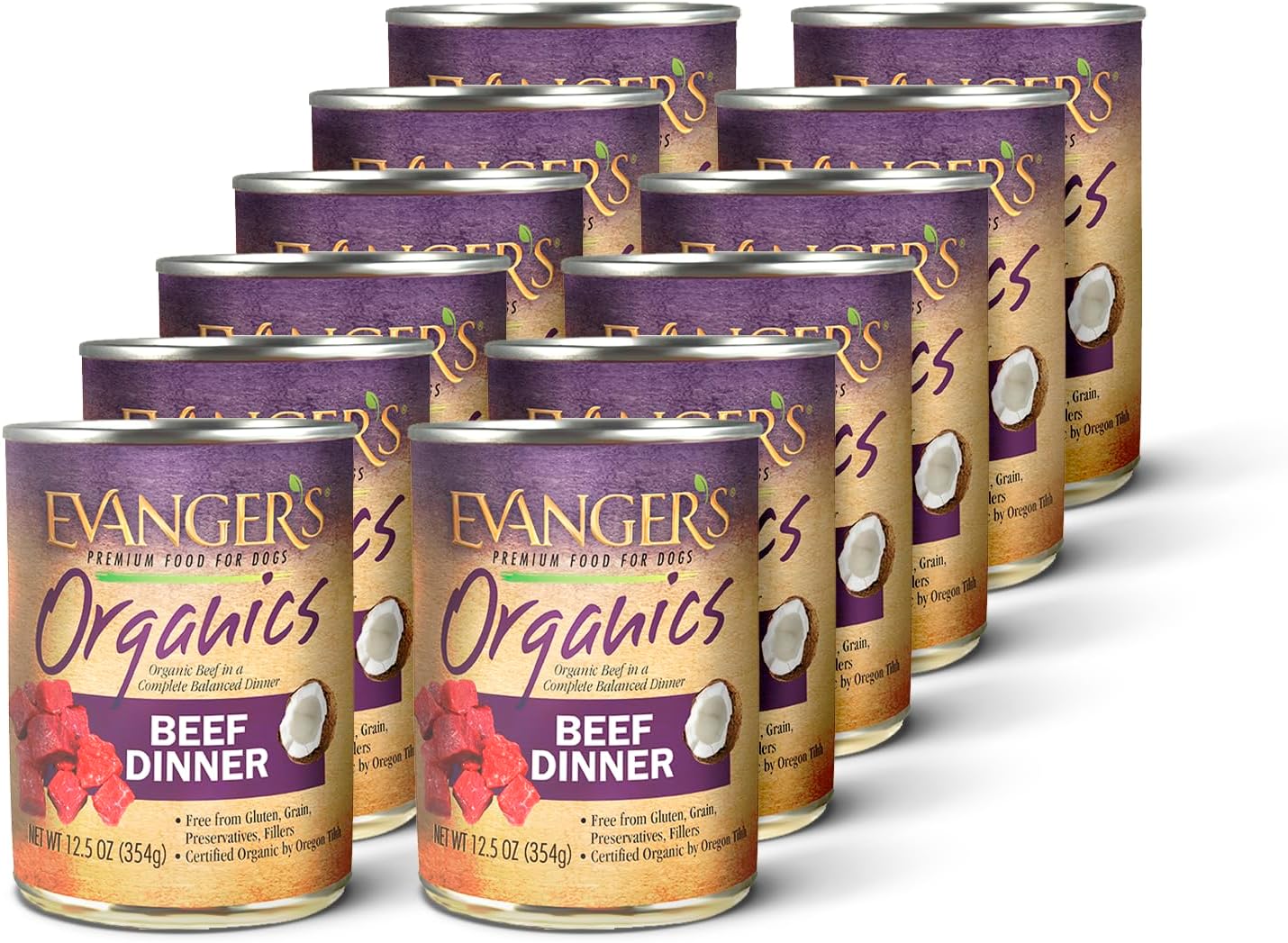 Evanger's Organics Beef Dinner for Dogs – 12 Count, 12.5 oz Each – Qualified Organic, Grain Free, GMO Free – Nutrient-Dense Recipe with Organic Vegetables – Wet Dog Food