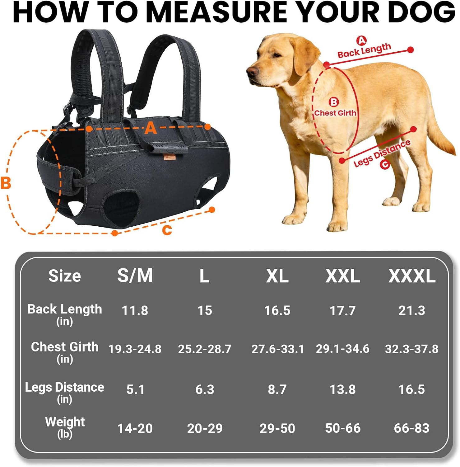 Dog Lift Harness Backpack Carrier for Large Dogs, Full Body Sling with Handle, Dog Harness for Joint Injuries, Arthritis, Ideal for Stairs, Elderly Dogs (Black 2XL 50-66 LBS) - Image 3