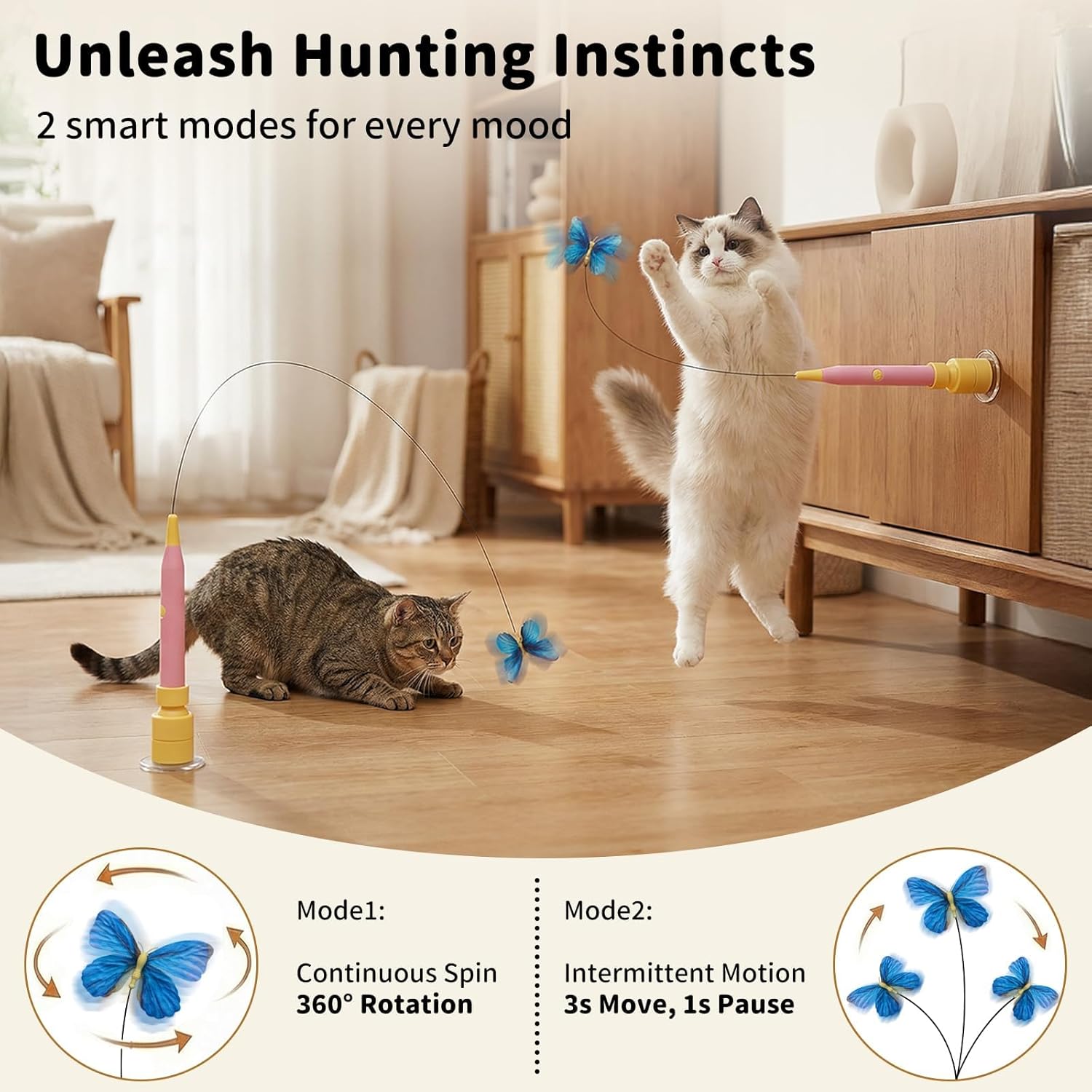 Interactive Cat Toys for Indoor Cats, Automatic Cat Wand Toy Enrichment for Bored Kitten, Spin Butterfly with Self-Holding Suction Base, Rechargeable Electric Moving Feather Stimulating Toy - Image 2