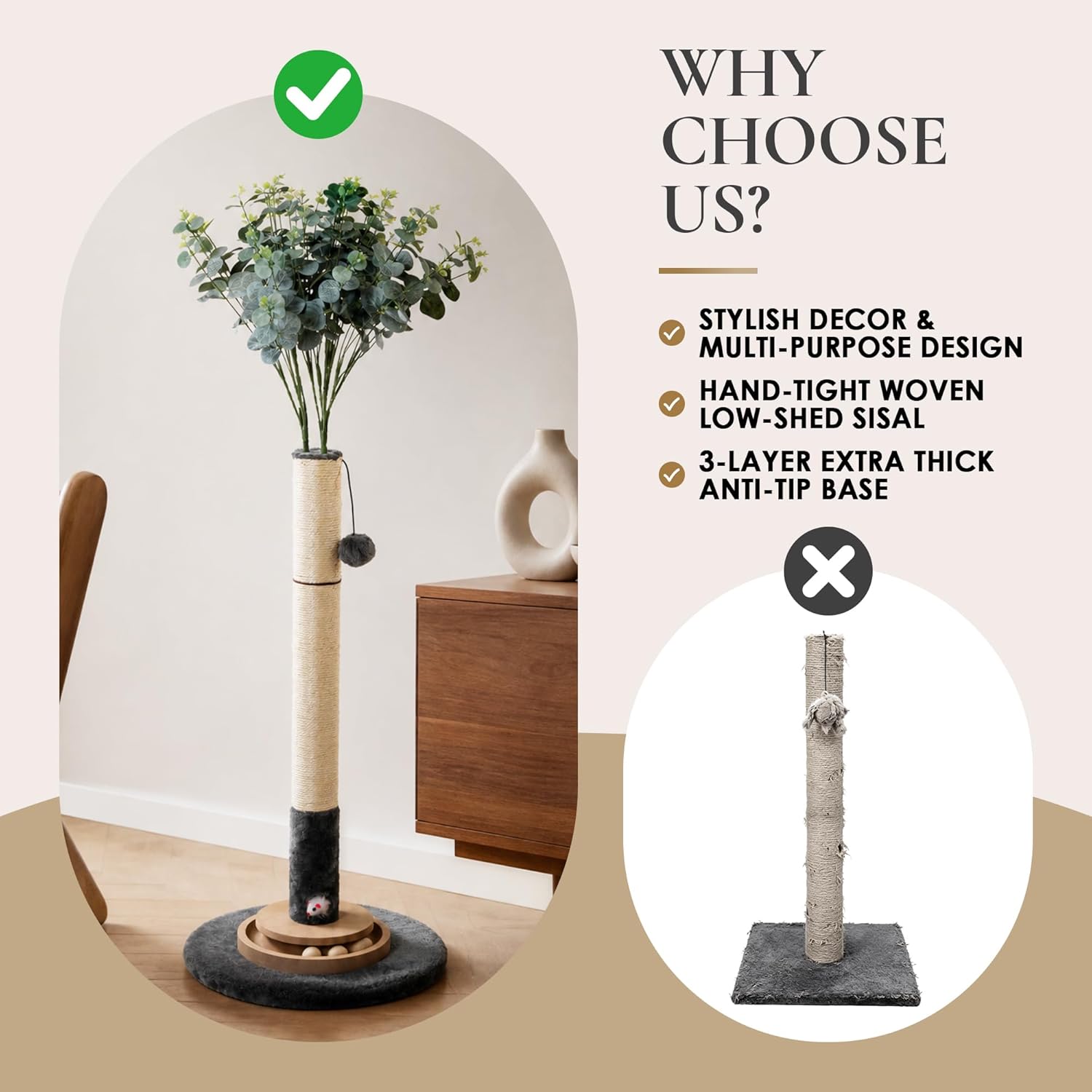 35 Inch Cat Scratching Post, Eucalyptus Sisal Rope Cat Tree Tower with Hanging Ball & Interactive Mouse Toy, Durable Scratcher for Indoor Adult Cats - Image 7