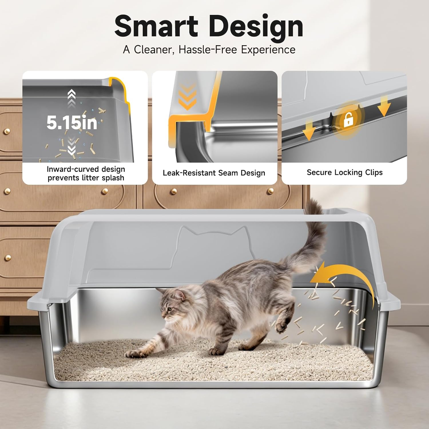Stainless Steel XL Cat Litter Box for Cats, High-Sided Design Prevents Urine Leakage, Non-Stick, Easy to Clean, Includes Scoop, Gray - Image 2