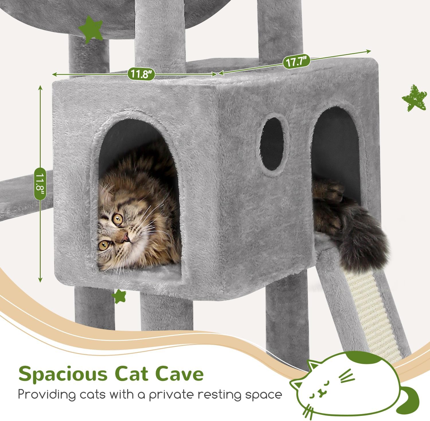 Globlazer Heavy Duty Cat Tree, 70 inch Sturdy Cat Tree for Indoor Cats Extra Large Cat Tower with Scratching Post, Hammock, Cat Condo for Adult Cats Kittens, F70 Pro, Light Grey - Image 4