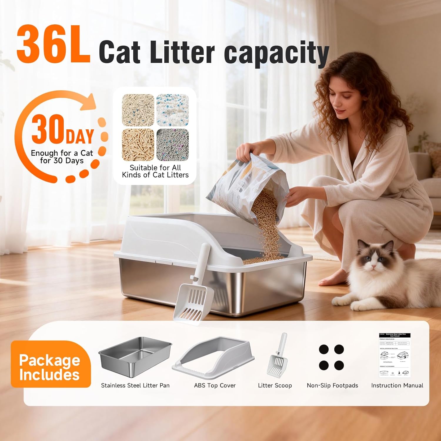 Stainless Steel Cat Litter Box, Extra Large XL Odor Free Metal Litter Box with High Sides Lid, Open Top Litter Pan Include Scoop Easy Cleaning Kitty Cat Box Anti-Urine Leakage, Non-Sticky - Image 5