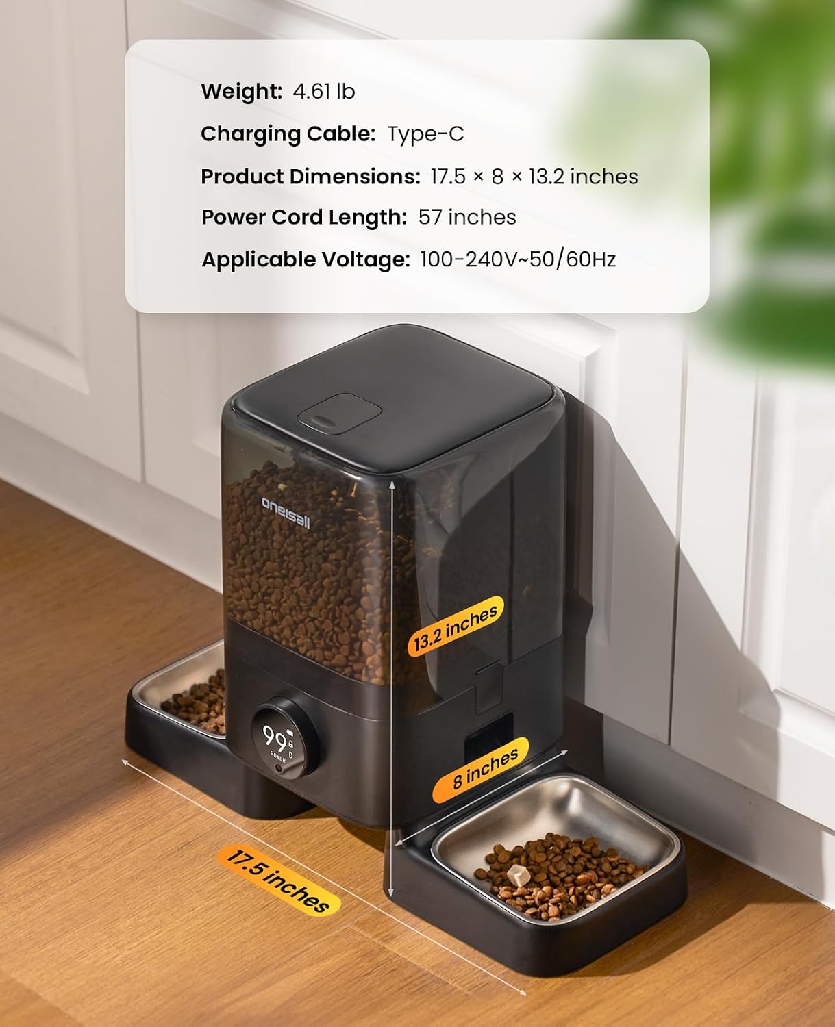 oneisall Cordless 2.4Ghz WiFi Automatic Cat Feeder for 2 Cats, Rechargeable 100-Day Battery Operated Auto Cat Feeder, 20 Cups/5L Timed Cats Food Dispenser Automatic for Large Kibble, Smart App Control - Image 8