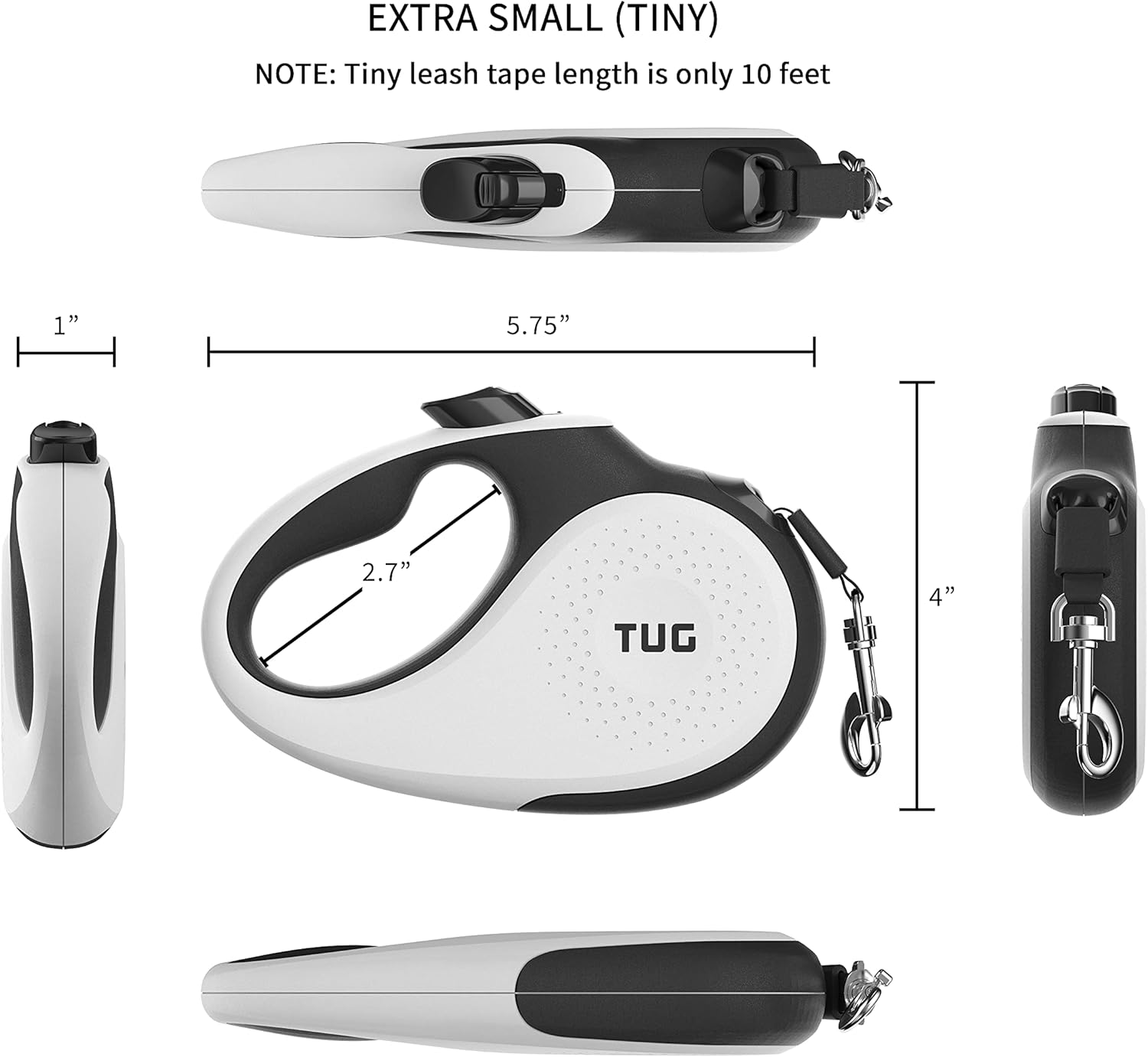 TUG Tiny 360° Tangle-Free Retractable Dog Leash with Anti-Slip Handle | 10 ft Nylon Tape| One-Handed Brake, Pause, Lock (White) - Image 3