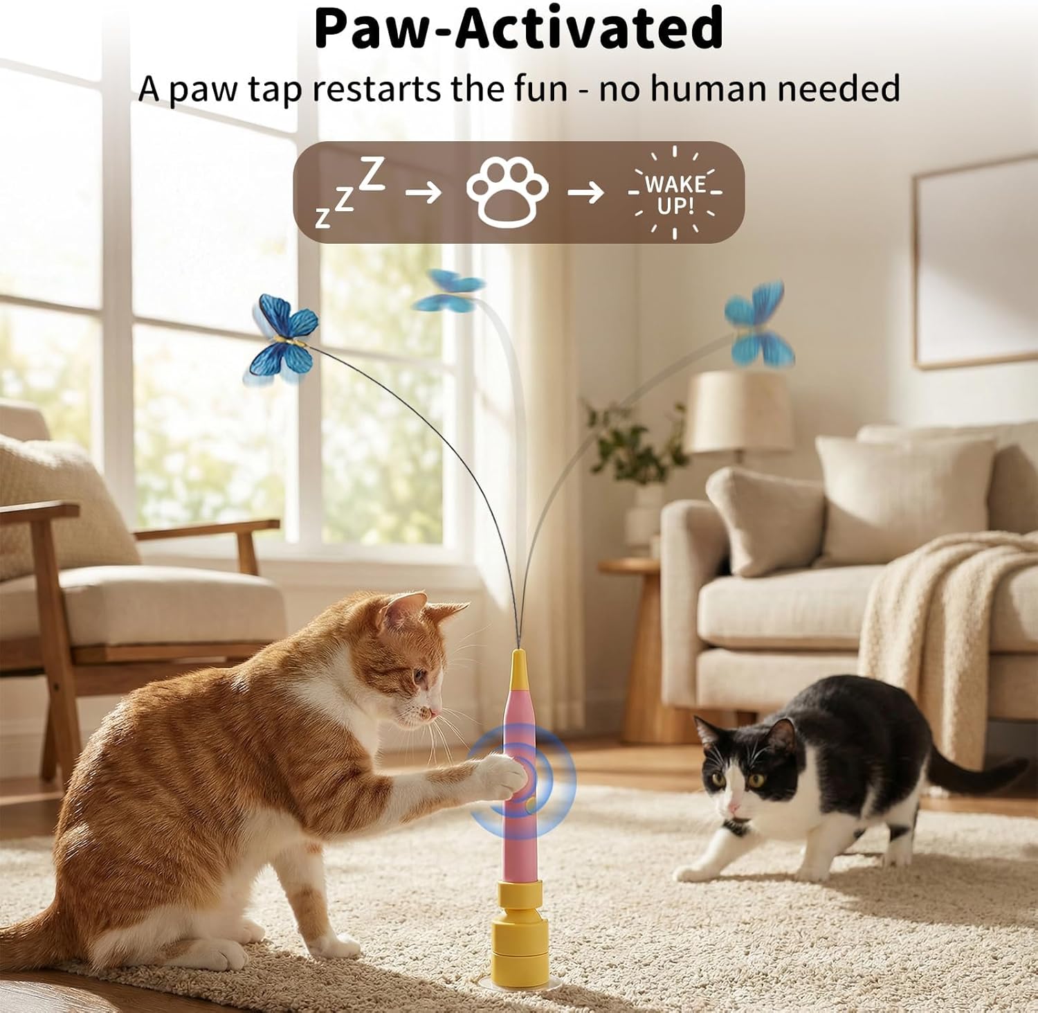 Interactive Cat Toys for Indoor Cats, Automatic Cat Wand Toy Enrichment for Bored Kitten, Spin Butterfly with Self-Holding Suction Base, Rechargeable Electric Moving Feather Stimulating Toy - Image 3
