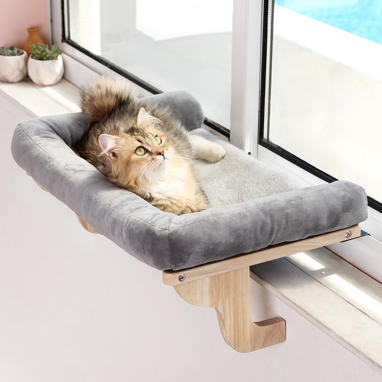 Zakkart Cat Perch for Window Sill with Bolster - Orthopedic Hammock Design with Premium Hardwood & Robust Metal Frame - Cat Window Seat for Large Cats - Natural Color Wood Gray Bed, 26.4''W