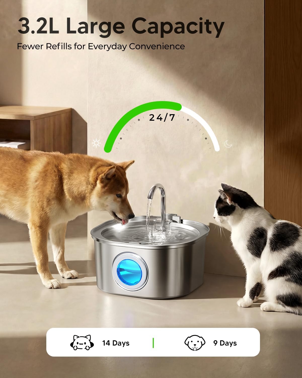 PEKTACO Stainless Steel Cat Water Fountain, 3.2L/108oz Cat Water Dispenser with Quiet Water Pump, Dishwasher Safe Pet Drinking Fountain for Cats - Image 4