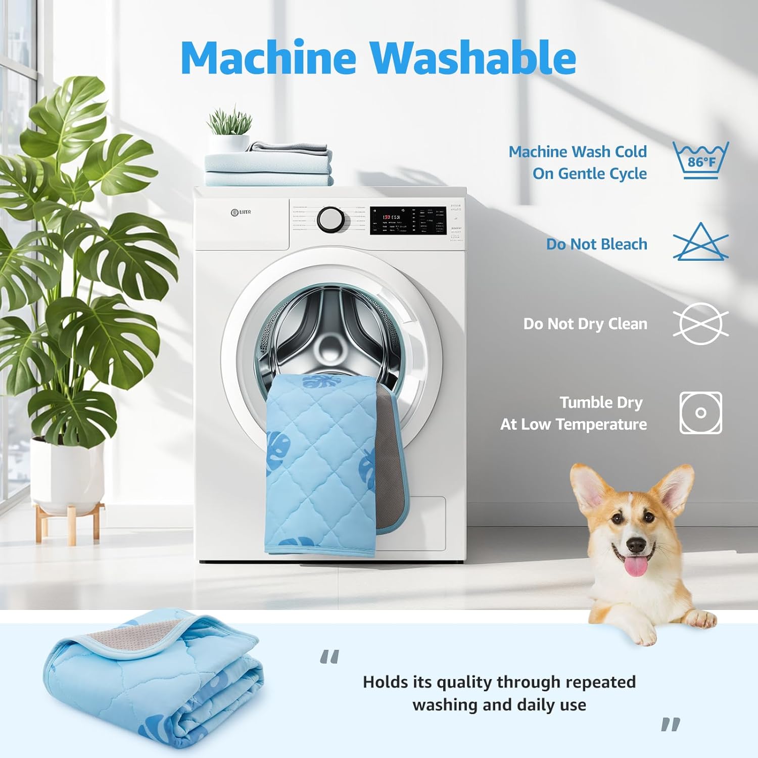LOOBANI Dog Cooling Mat for Large Dogs - 56"x36" Pet Cooling Mat with Anti-Slip Bottom, Waterproof Self-Cooling Dog Pad for Crate, Floor & Car, Grey Monstera (Blue, 56"x36") - Image 4