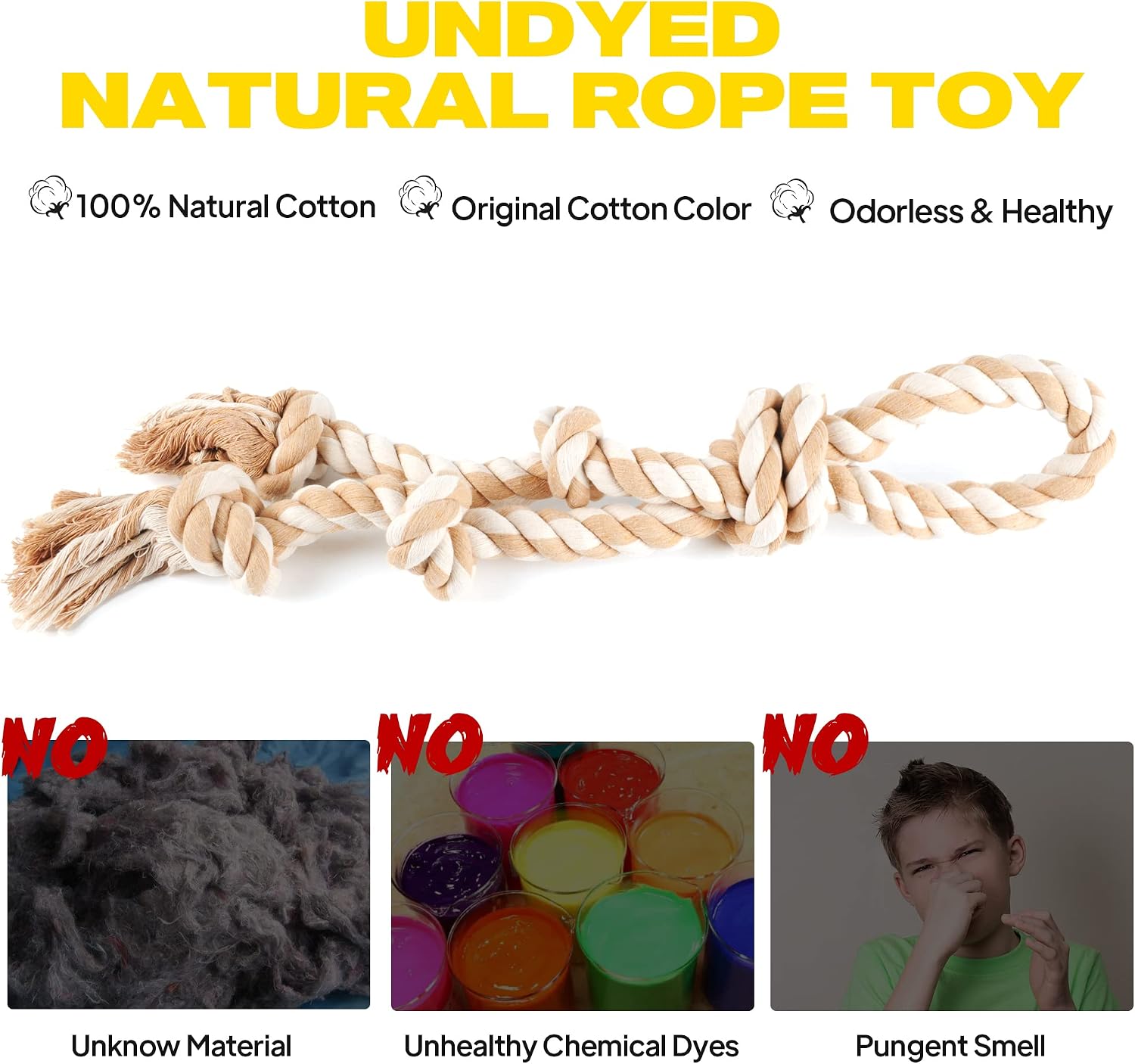Fida Dog Rope Toys for Aggressive Chewers,Large Dog Toy Designed for Tug of War, Tough Dog Rope Toy Indestructible Made of Undyed Natural Cotton, 29" Large Dog Toys with 3 Big Knots and a Handle - Image 2
