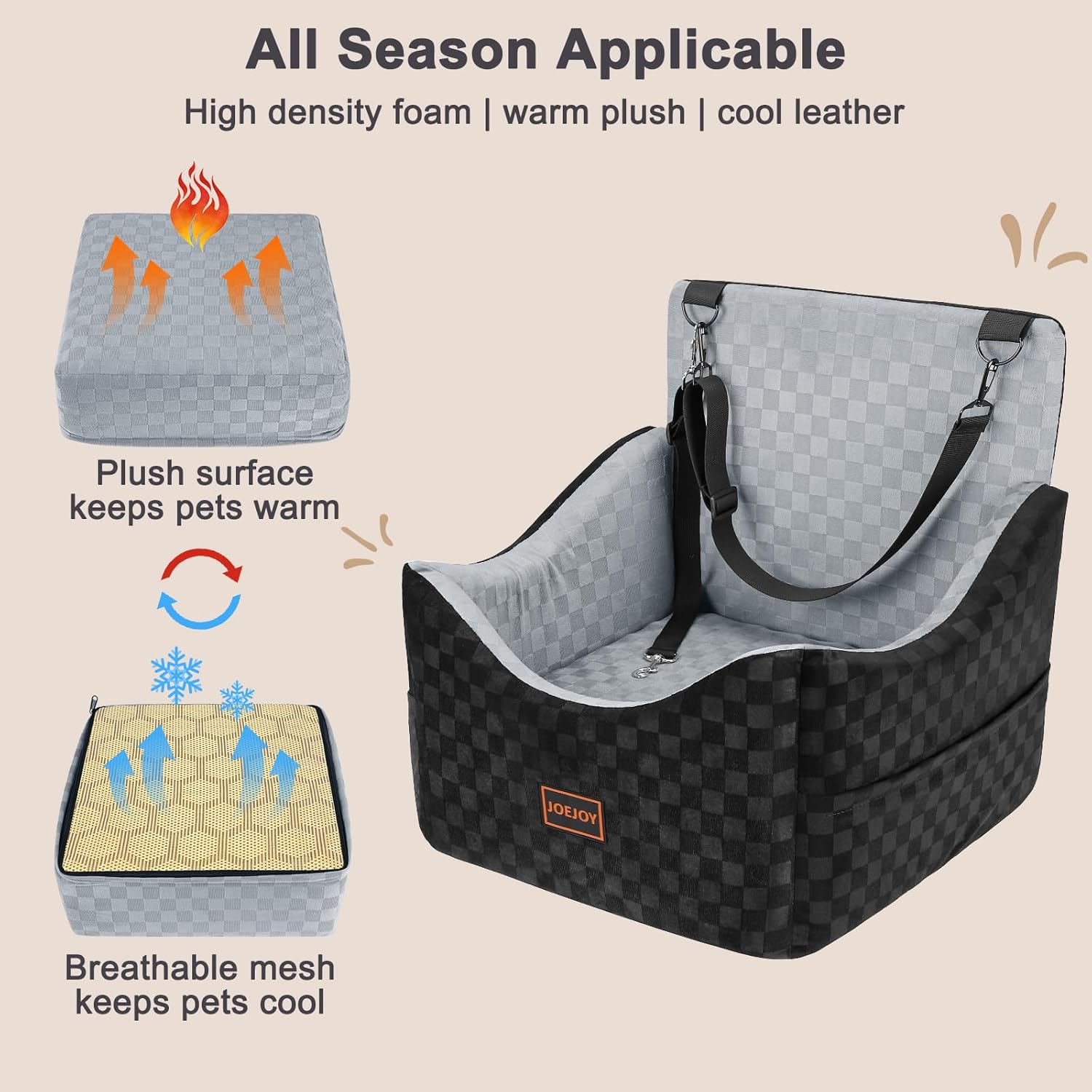 JOEJOY Elevated Dog Car Seat for Small/Medium Dogs up to 35 lbs, Memory Foam Booster Seat with Detachable Washable Cover, Travel-Safe Car Bed with Safety Belts & Storage Pockets, Grey - Image 6