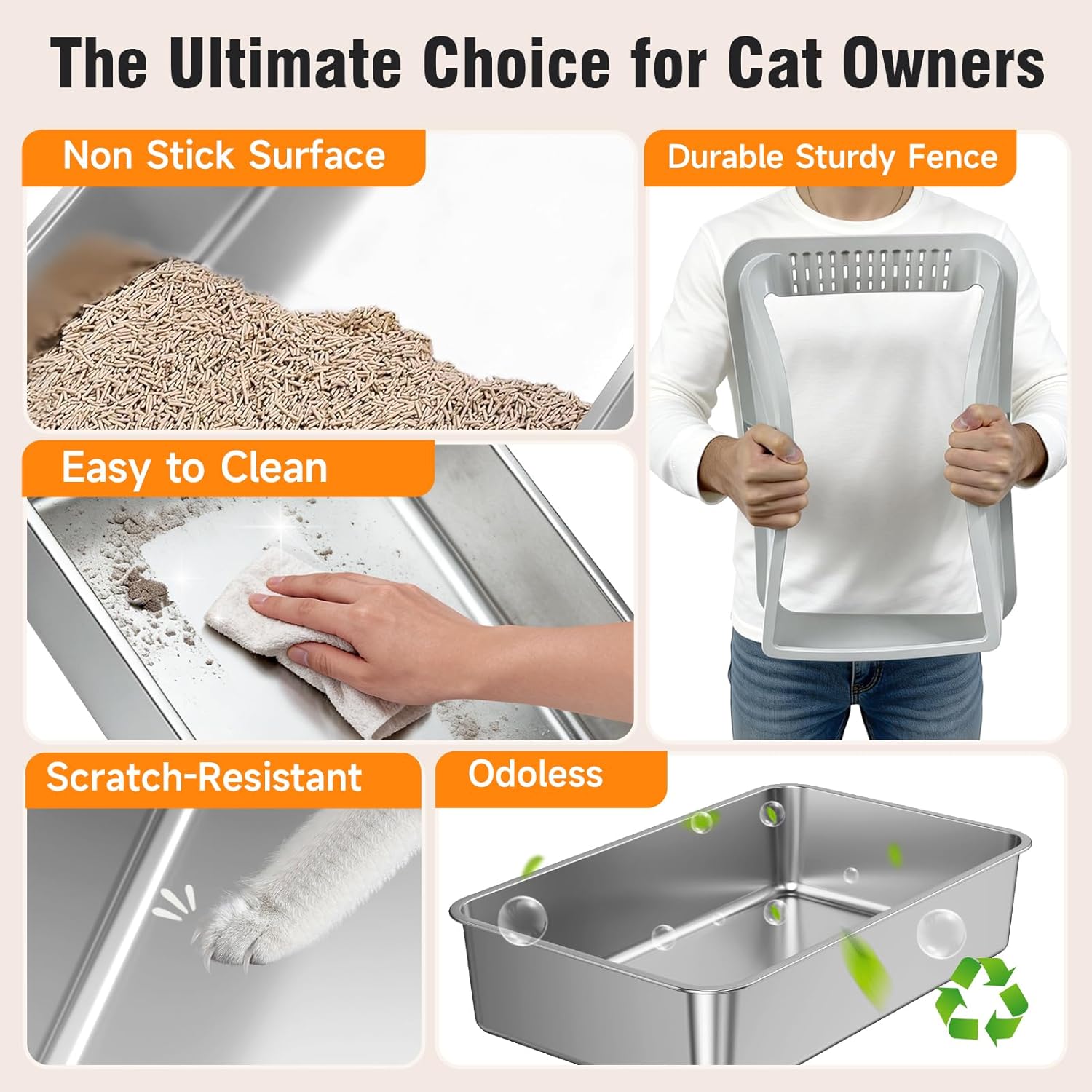 Stainless Steel Cat Litter Box, Extra Large XL Odor Free Metal Litter Box with High Sides Lid, Open Top Litter Pan Include Scoop Easy Cleaning Kitty Cat Box Anti-Urine Leakage, Non-Sticky - Image 4