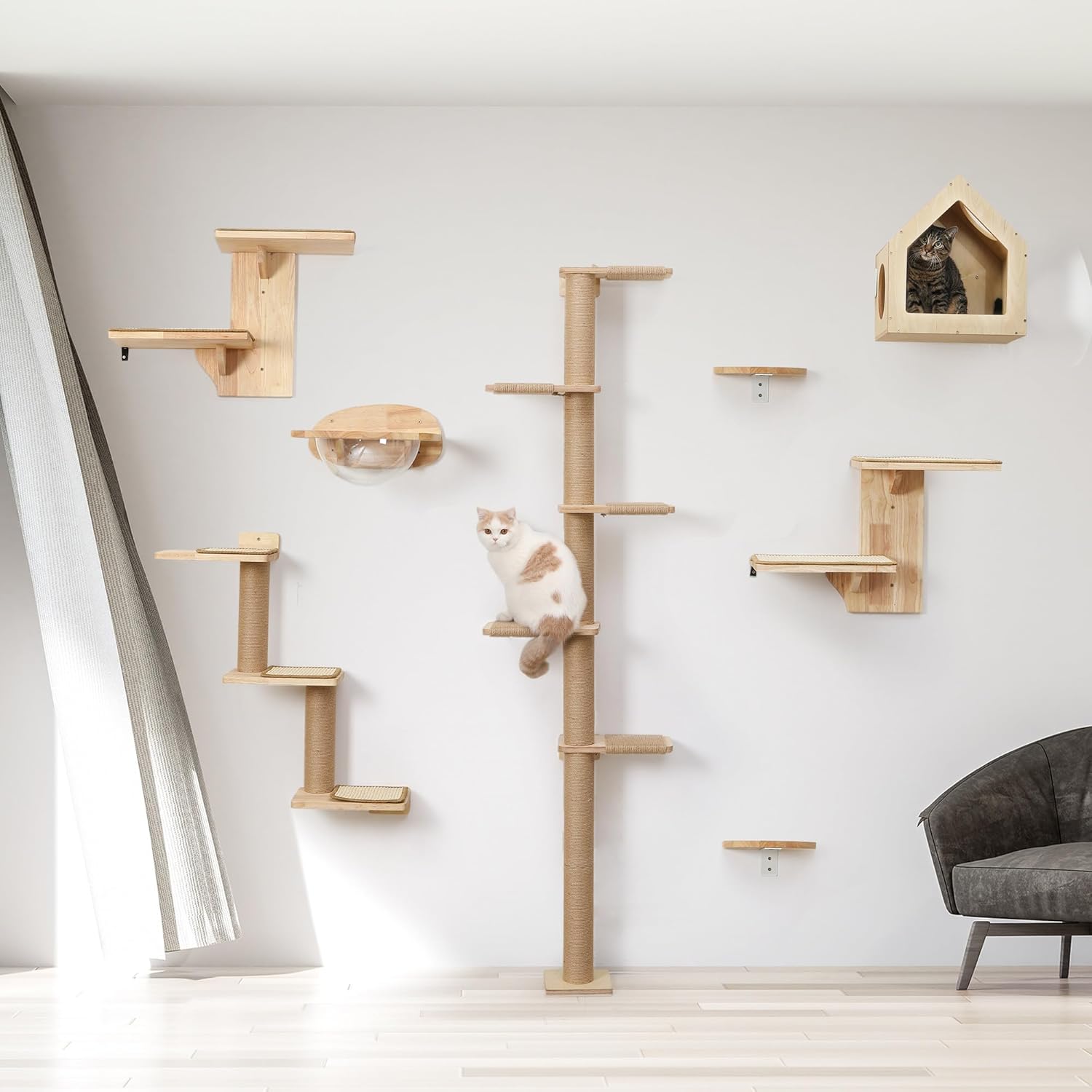 FUKUMARU Wall-Mounted Cat Tree for Small & Medium Cats, 5-Tier Tall Cat Climbing Tower with Scratching Post, Indoor Cat Wall Shelves for Climbing, Scratching & Lookout - Image 9