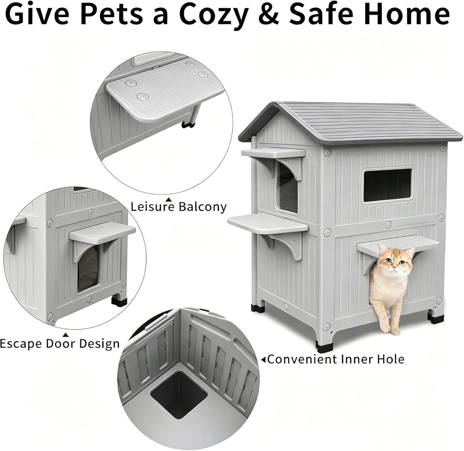 Weatherproof Outdoor Cat House with Insulated Liner for Feral Multi Cats 21.5" D x 21" W x 34" H, 2 Storey Insulated Elevated Cat Shelter with Escape Door, Easy Assemble, Expansive Interior - Image 6