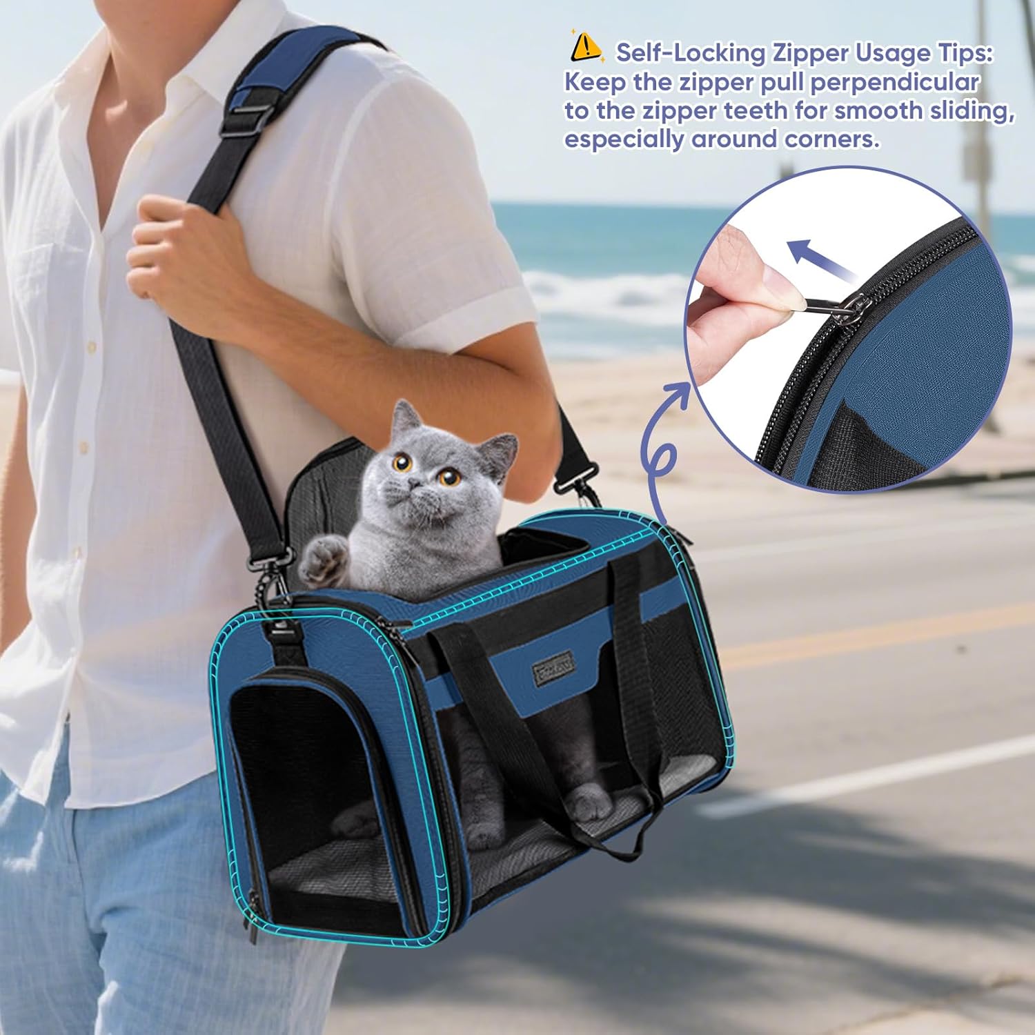 BALEINE Cat Carrier, Puppy Dog Carrier for Small Medium Pets Up to 15 Lbs, Soft-Sided Dog Travel Bag with Safety Zippers, Collapsible Pet Carrying Case (Blue, L, 17"x11"x11") - Image 3