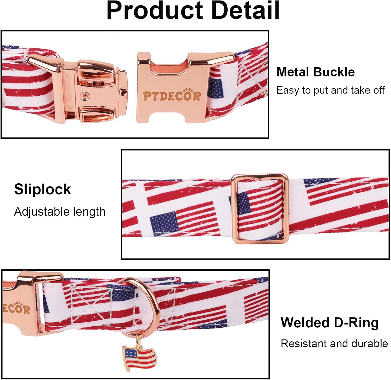 PTDECOR American Flag Dog Collar with Bow Tie, Adjustable Patriotic 4th of July Pet Collars for Medium Dogs (Medium) - Image 6