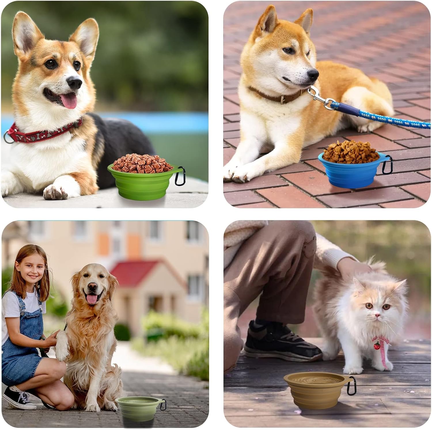 PetBonus 2-Pack Large Silicone Collapsible Dog Bowls, 34oz/1000ml BPA Free Portable Foldable Travel Bowl for Pet Cat, Food Water Feeding Dish for Camping with 2 Carabiners (Turquoise, Tan) - Image 6