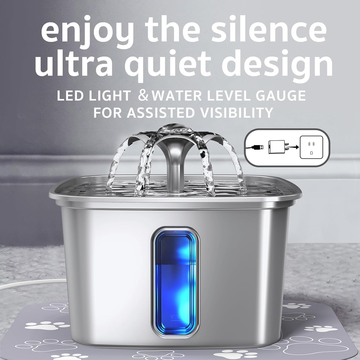 Veken Innovation Award Winner Stainless Steel Cat Water Fountain, 108oz/3.2L Automatic Pet Fountain Dog Water Dispenser with 6 Replacement Filters & Silicone Mat for Cats, Dogs, Multiple Pets (Silver) - Image 5