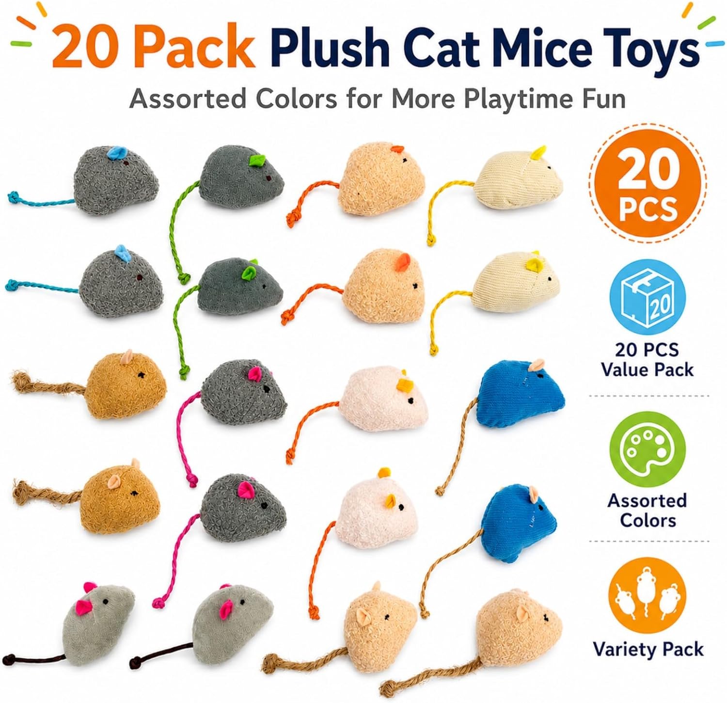 20-Pack Catnip Mouse Toys - Assorted Colors, Plush Mice with Catnip, Interactive Cat Toys for Indoor Kittens & Adults, Durable Cat Teaser Set - Image 2
