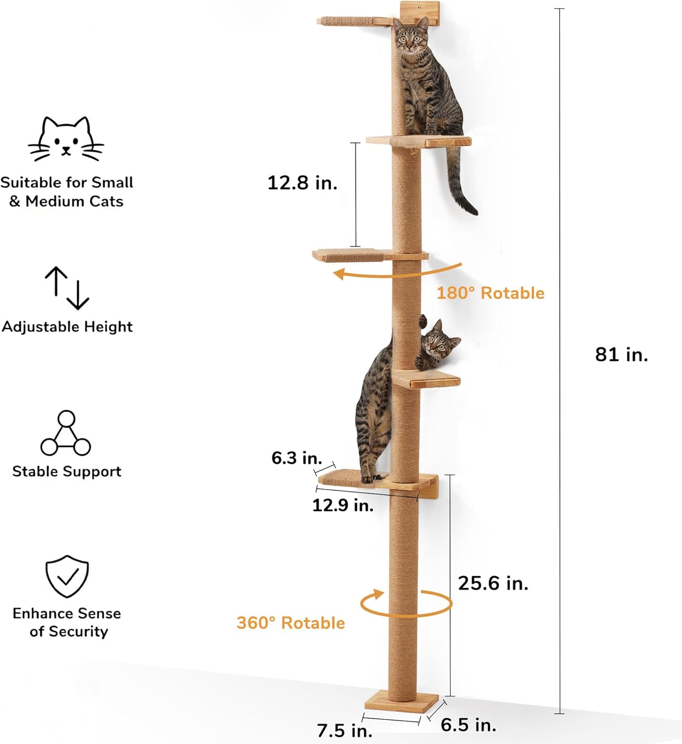 FUKUMARU Wall-Mounted Cat Tree for Small & Medium Cats, 5-Tier Tall Cat Climbing Tower with Scratching Post, Indoor Cat Wall Shelves for Climbing, Scratching & Lookout - Image 2