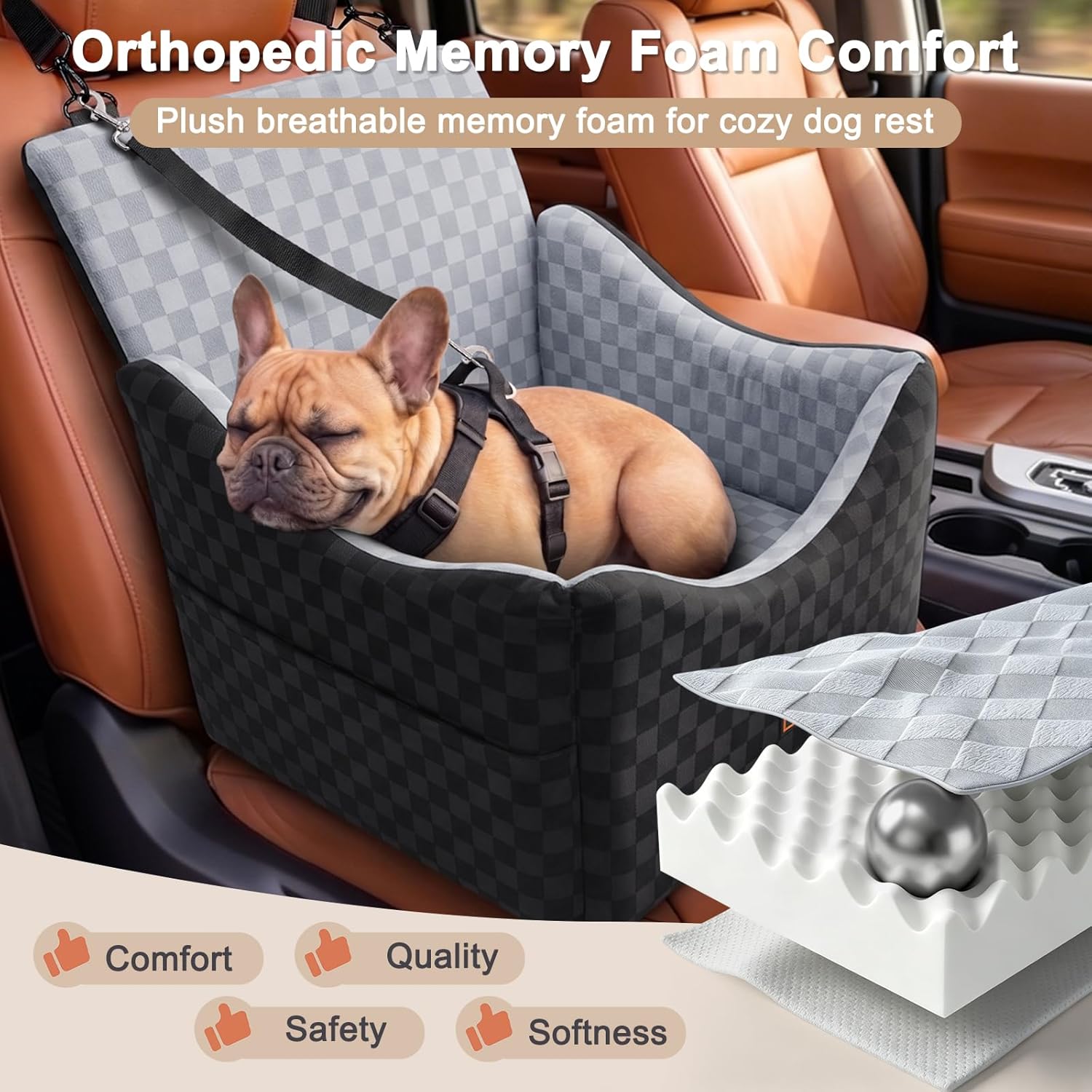 JOEJOY Elevated Dog Car Seat for Small/Medium Dogs up to 35 lbs, Memory Foam Booster Seat with Detachable Washable Cover, Travel-Safe Car Bed with Safety Belts & Storage Pockets, Grey - Image 3