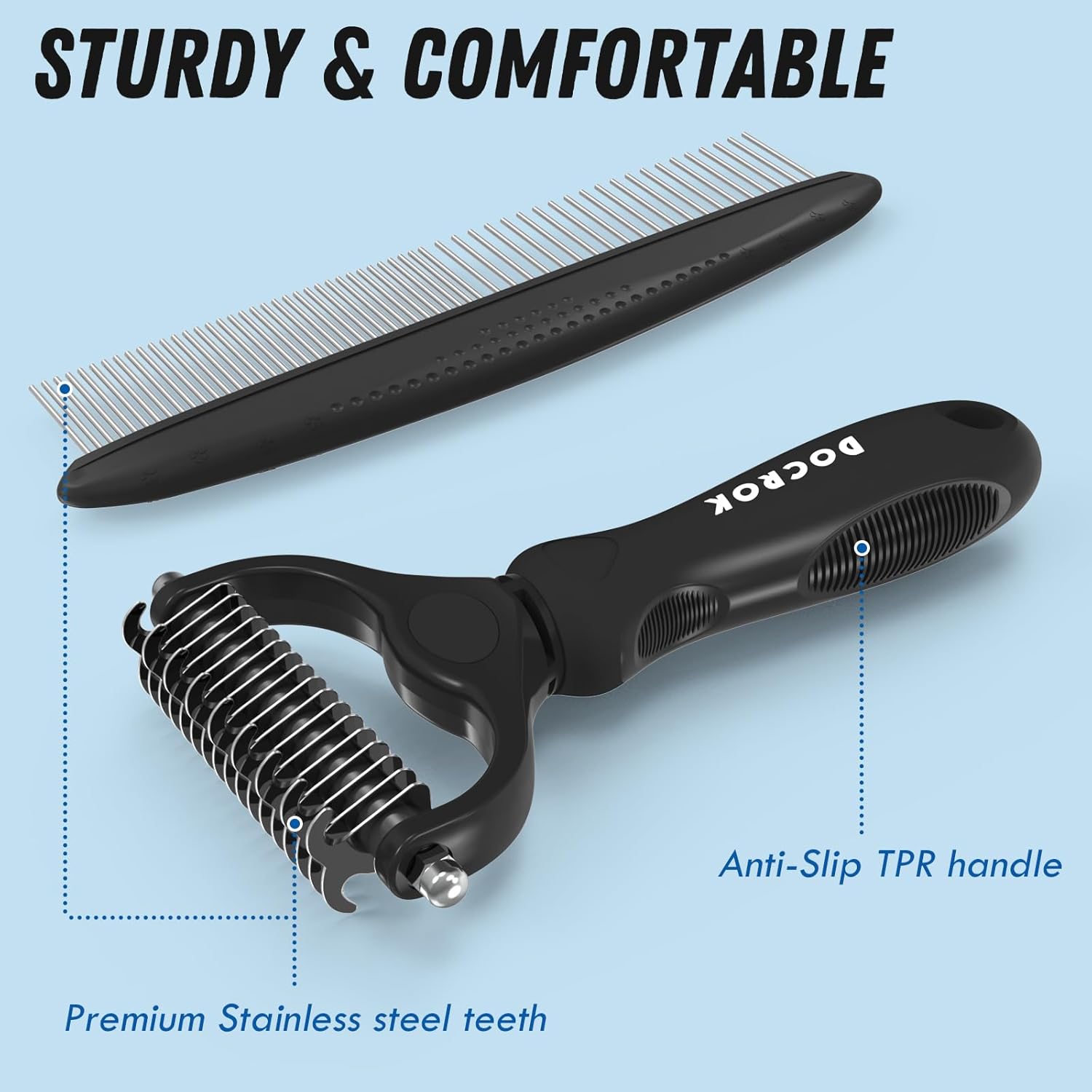 Docrok Pet Grooming Combo: Undercoat Rake, Dematting Deshedding Brush for Long-Haired Dogs and Cats, Black - Image 6