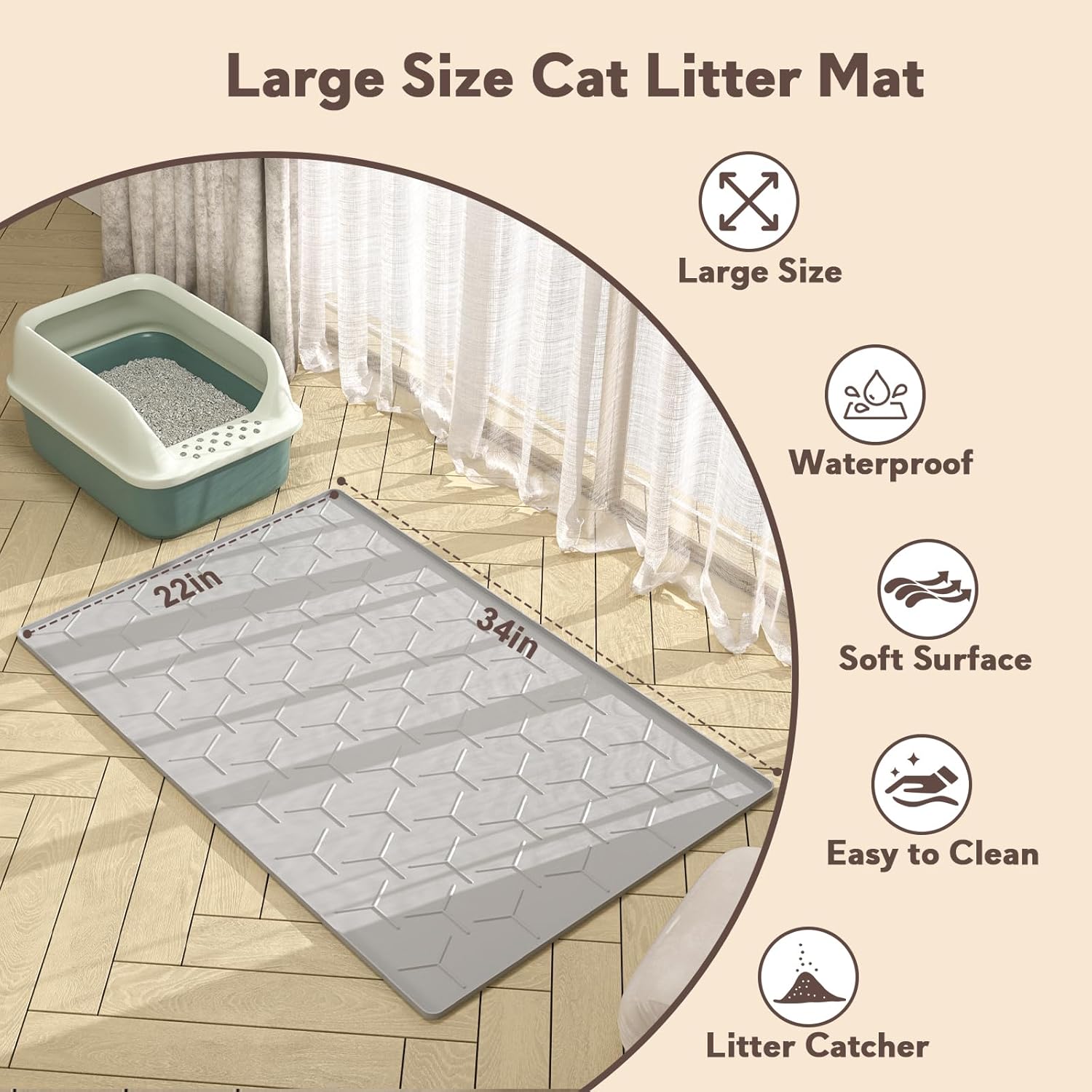 Garoopion Cat Mat for Litter Box, Large 34.05×22.5 inch Cat Litter Mat, Waterproof Silicone Pad for Floor, Gray - Image 4