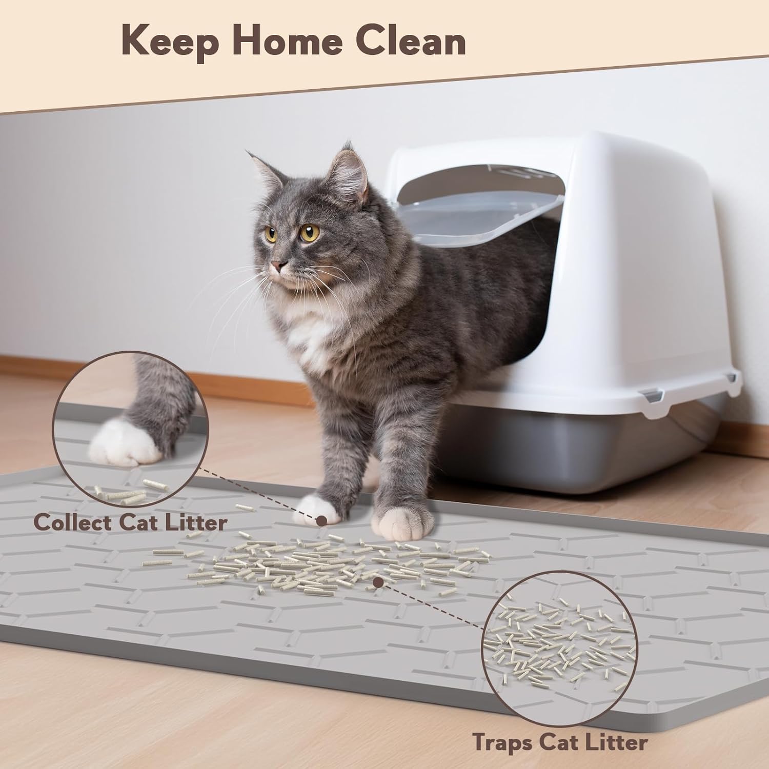 Garoopion Cat Mat for Litter Box, Large 34.05×22.5 inch Cat Litter Mat, Waterproof Silicone Pad for Floor, Gray - Image 2