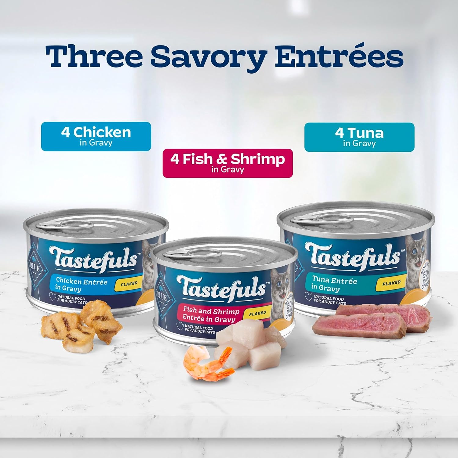 Blue Buffalo Tastefuls Flaked Adult Wet Cat Food Variety Pack (Tuna, Chicken, Fish & Shrimp), Natural Ingredients Enhanced with Vitamins, Minerals & Other Nutrients, 3-oz. Each (12 Cans) - Image 4