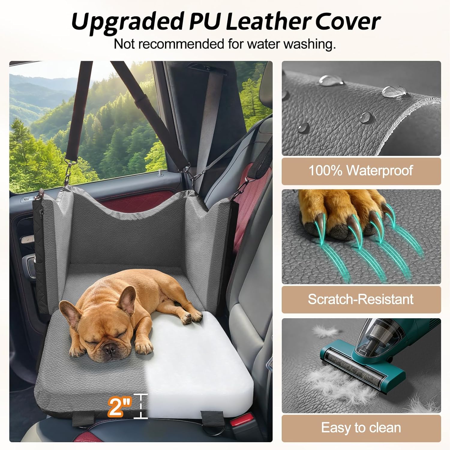 JOEJOY Dog Car Seats for Small Medium Dogs, Wipe Clean Waterproof Detachable PU Leather Cover, Thickened 2 inch Memory Foam Pet Car Seat with Safety Belt and Storage Pockets(No Cushion) - Image 2