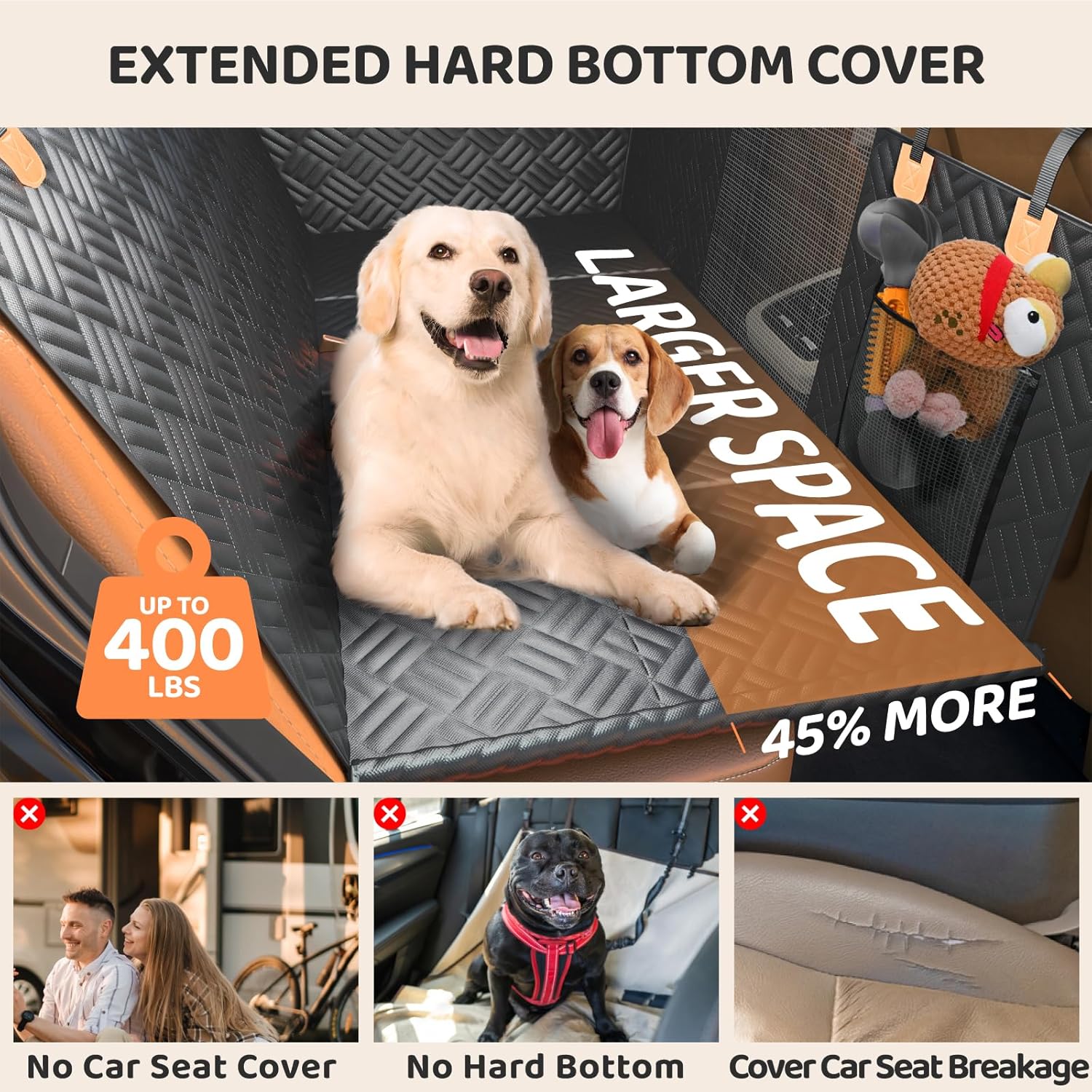PROZAR Dog Car Seat Cover for Back Seat, Hard Bottom Back Seat Extender, Back Seat Pet Cover for Dogs - Supports 400lbs, Waterproof Heavy Duty Scratch Dog Hammock for Compact Cars/SUVs, 51in - Image 2