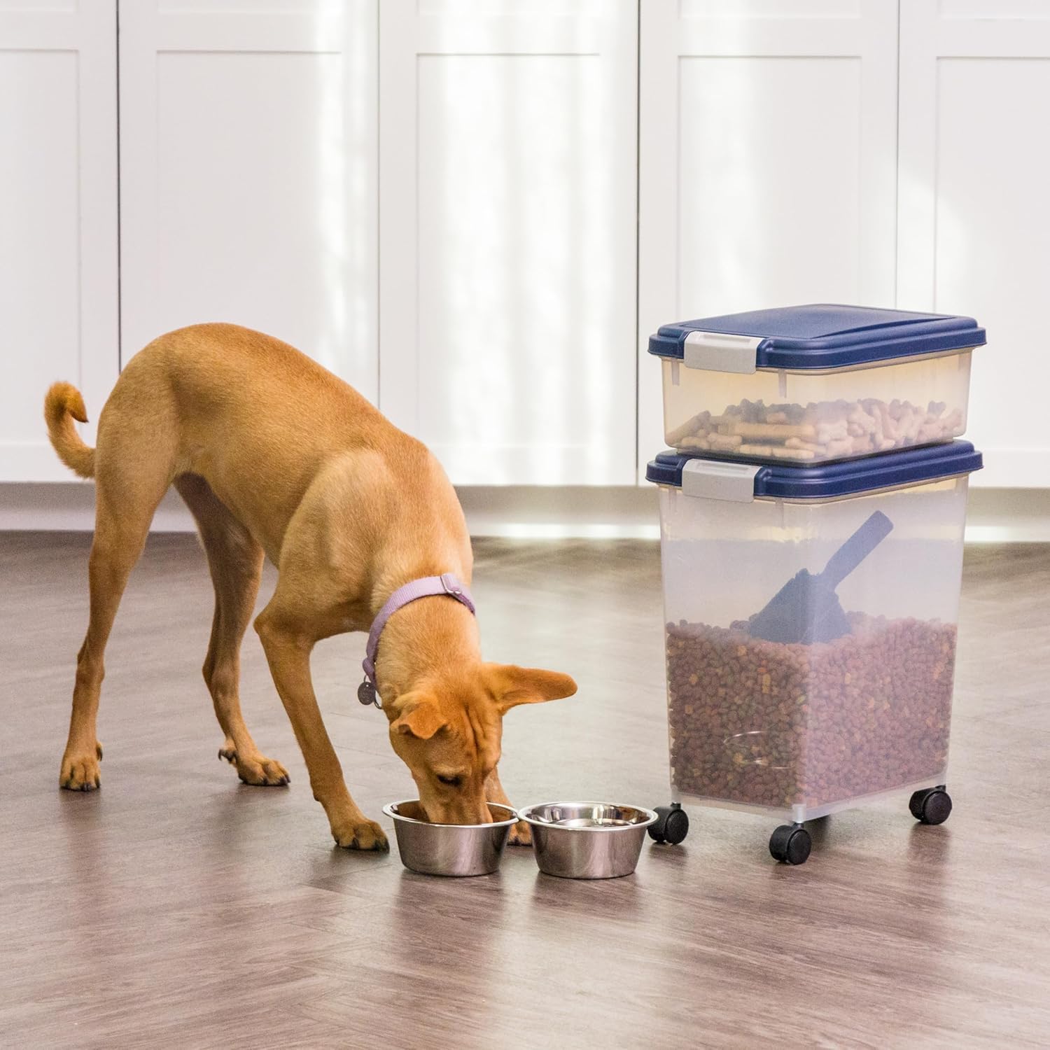 IRIS USA Dog Food Storage Container 30 lb + 11 lb, Stackable Combo Set, Airtight Pet Food Storage Bins with Wheels for Dog Cat Bird Chicken Food, BPA Free, Made in USA, Navy - Image 2