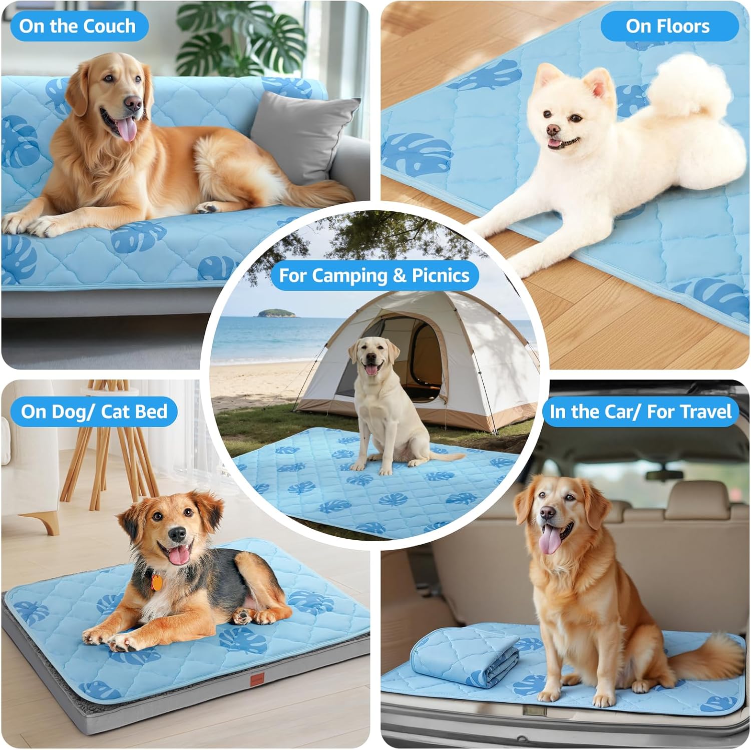 LOOBANI Dog Cooling Mat for Large Dogs - 56"x36" Pet Cooling Mat with Anti-Slip Bottom, Waterproof Self-Cooling Dog Pad for Crate, Floor & Car, Grey Monstera (Blue, 56"x36") - Image 5